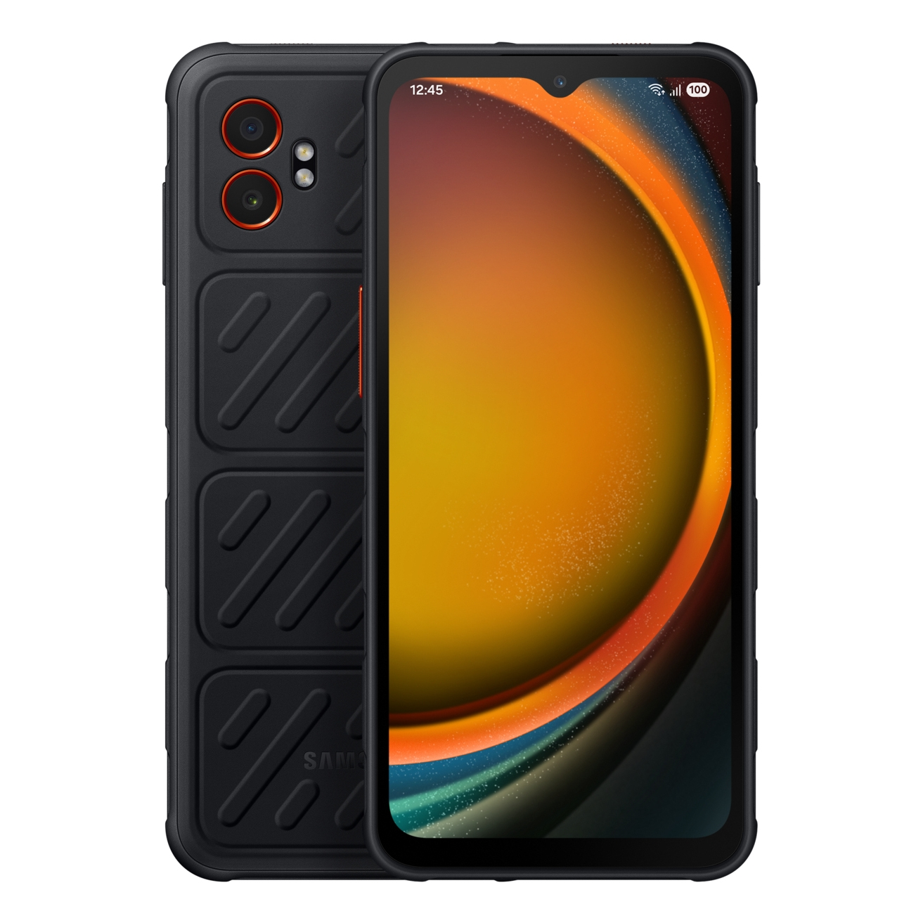 Czarny, wytrzymały smartfon z dwoma aparatami. Wyświetlacz pokazuje godzinę i pomarańczowo-niebieski abstrakcyjny wzór.