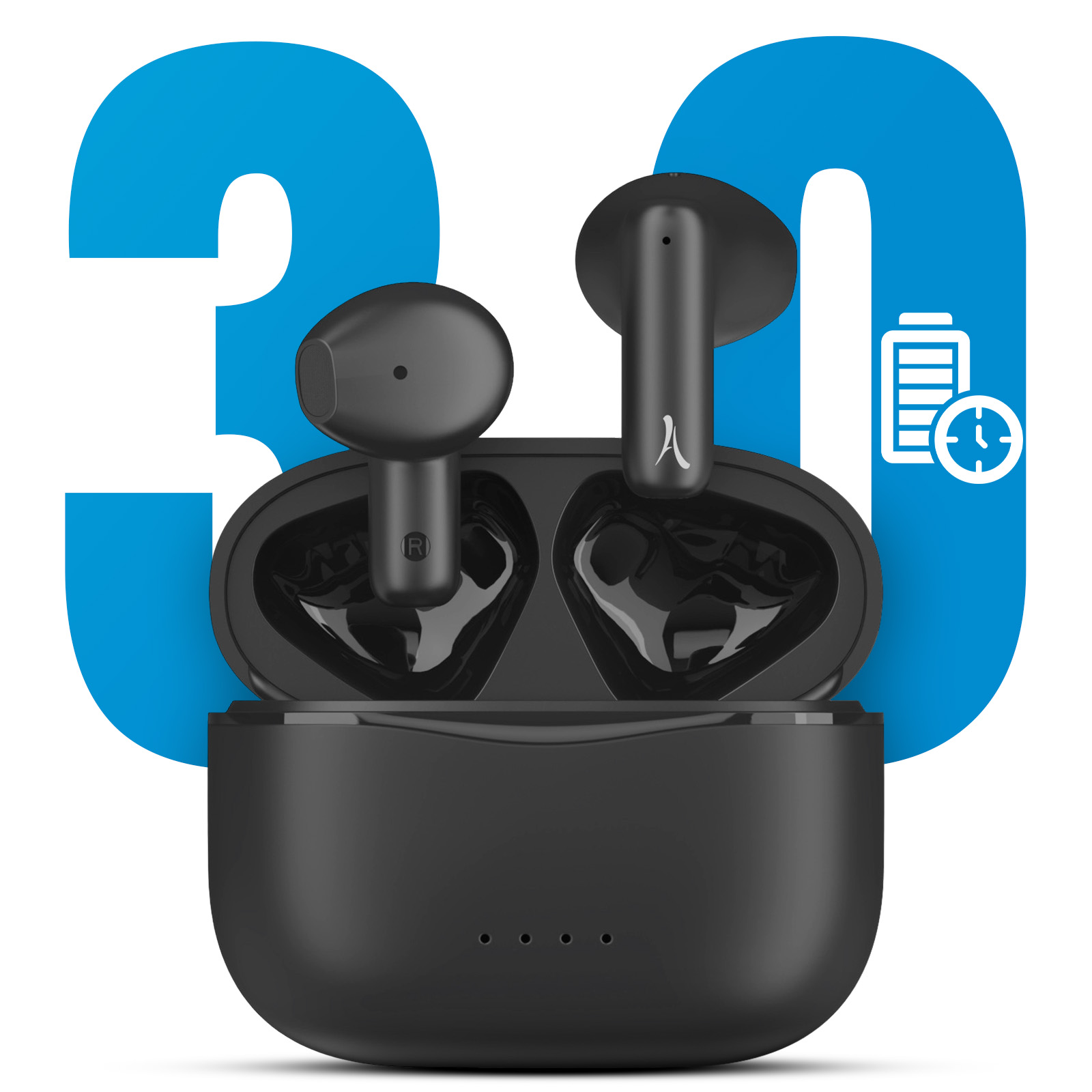 Écouteurs noirs dans un étui de charge, avec un chiffre bleu 30 et une icône de batterie.
