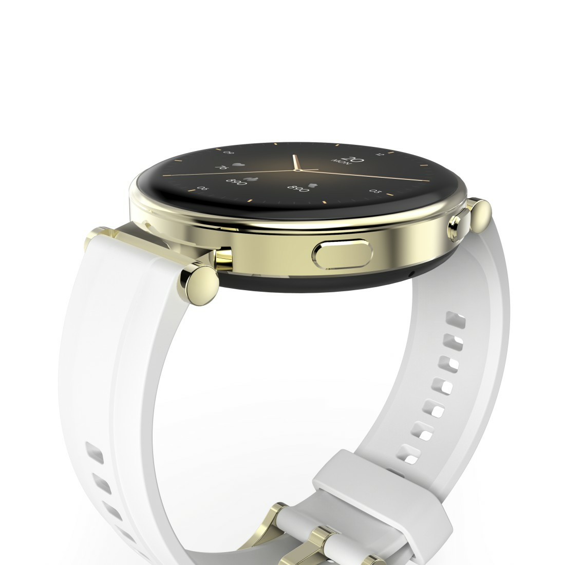 Nahaufnahme einer Smartwatch mit weißem Armband und goldenen Akzenten.