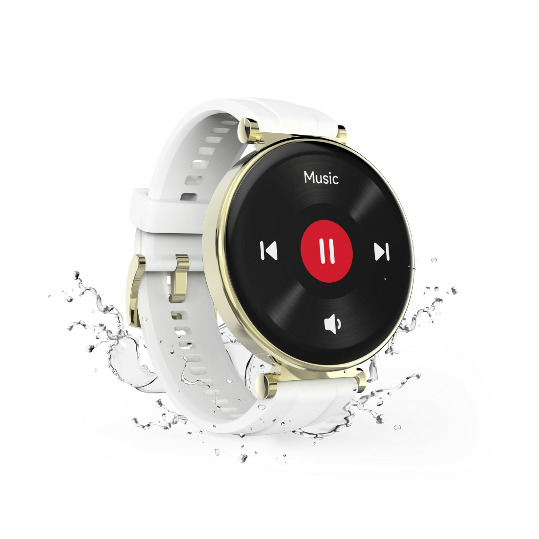 Smartwatch mit weißem Armband und goldenen Akzenten, zeigt Musiksteuerung.