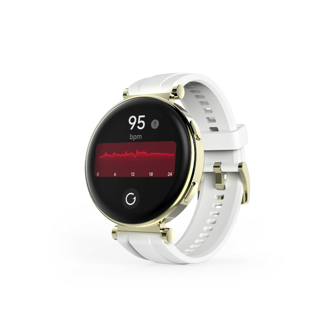 Smartwatch mit weißem Armband und goldenen Akzenten. Zeigt die Herzfrequenz.