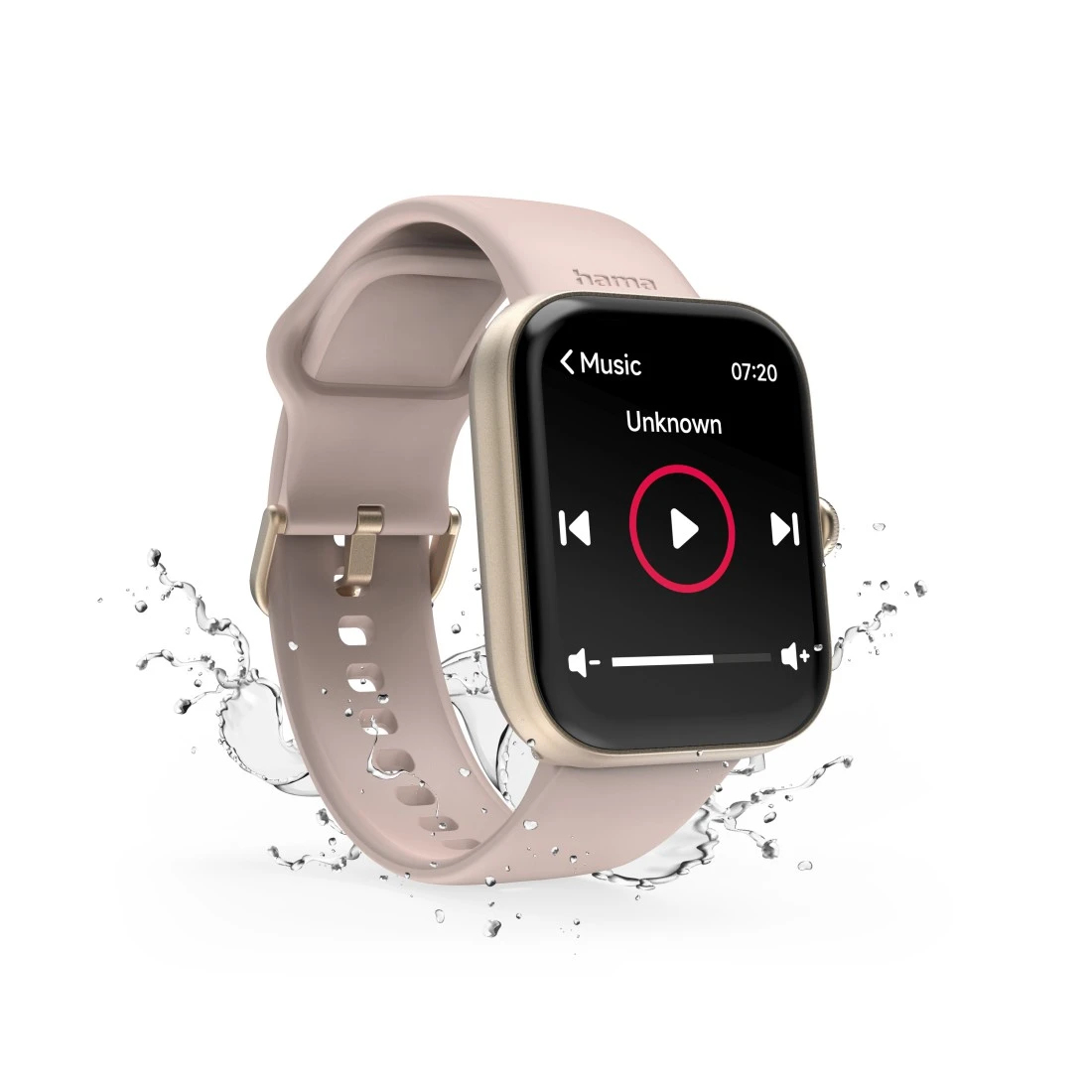 Smartwatch con correa rosa, mostrando interfaz de reproductor de música, salpicaduras de agua, fondo blanco.