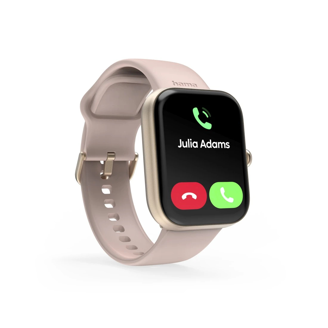 Smartwatch mostrando llamada entrante de Julia Adams, con botones aceptar/rechazar.