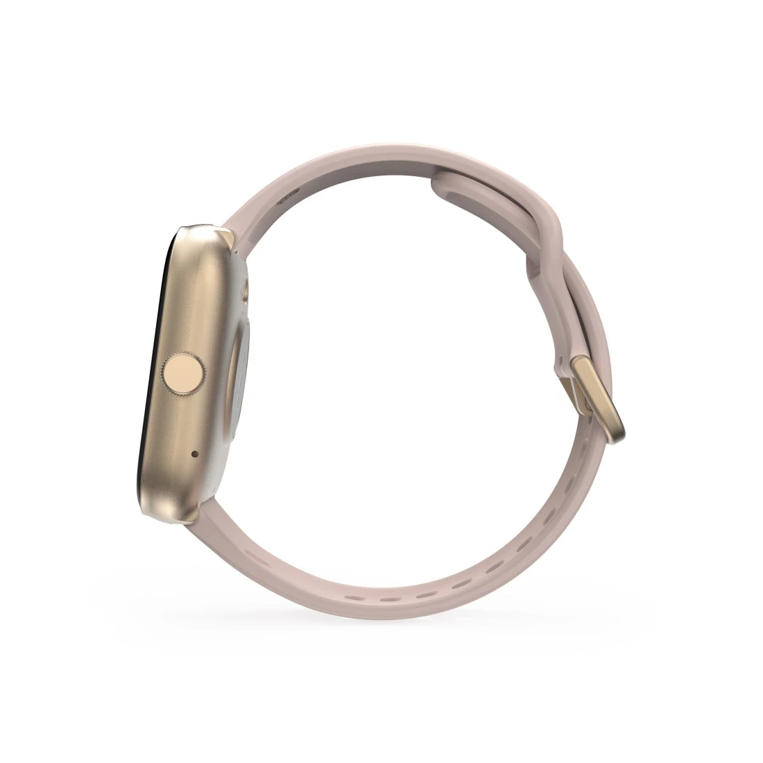 Smartwatch, color dorado, correa rosa, vista lateral. Aislado sobre fondo blanco. Se ve un cierre dorado.