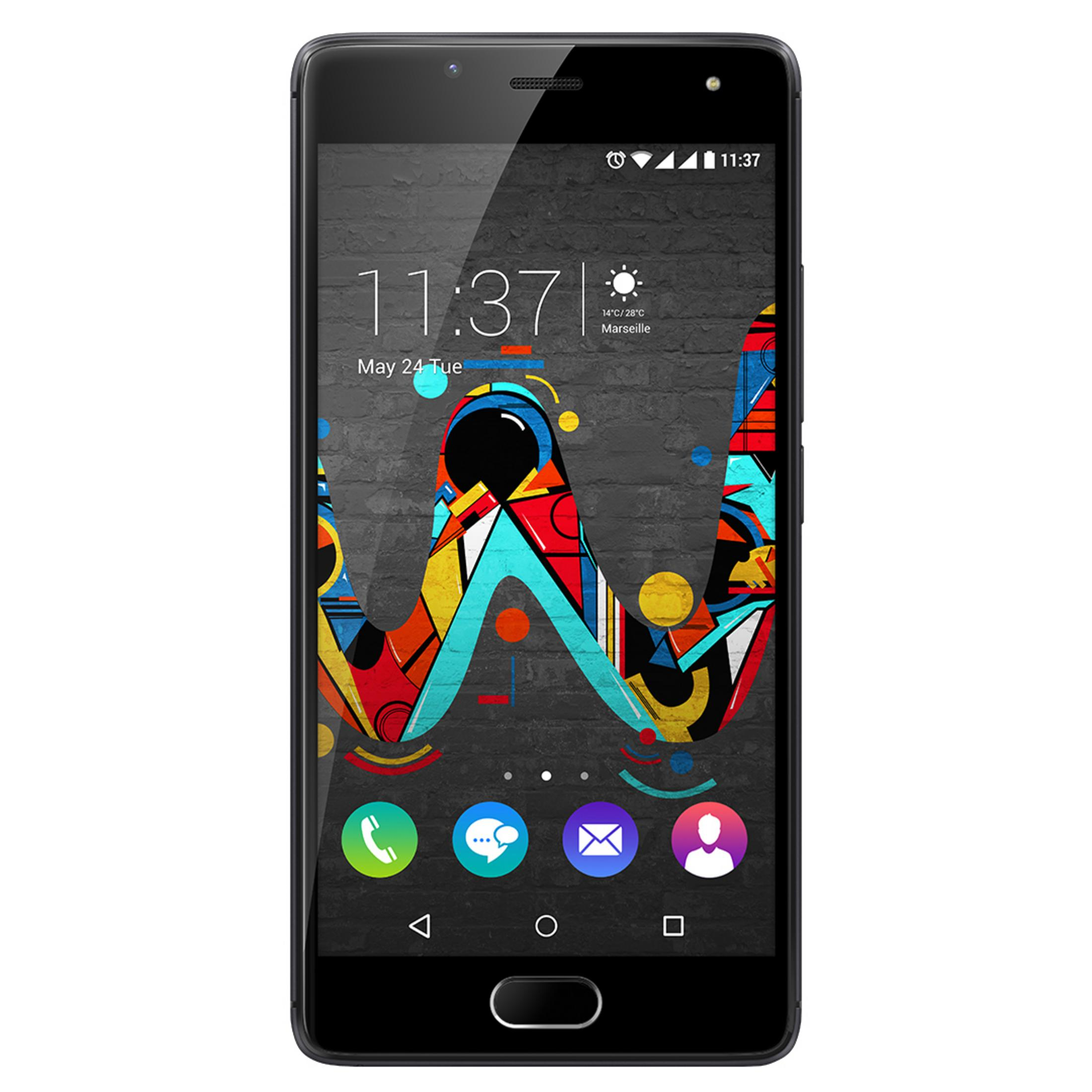 Smartphone nero che mostra un logo W in stile graffiti colorato sullo schermo. L'ora e la data sono visualizzate in alto.