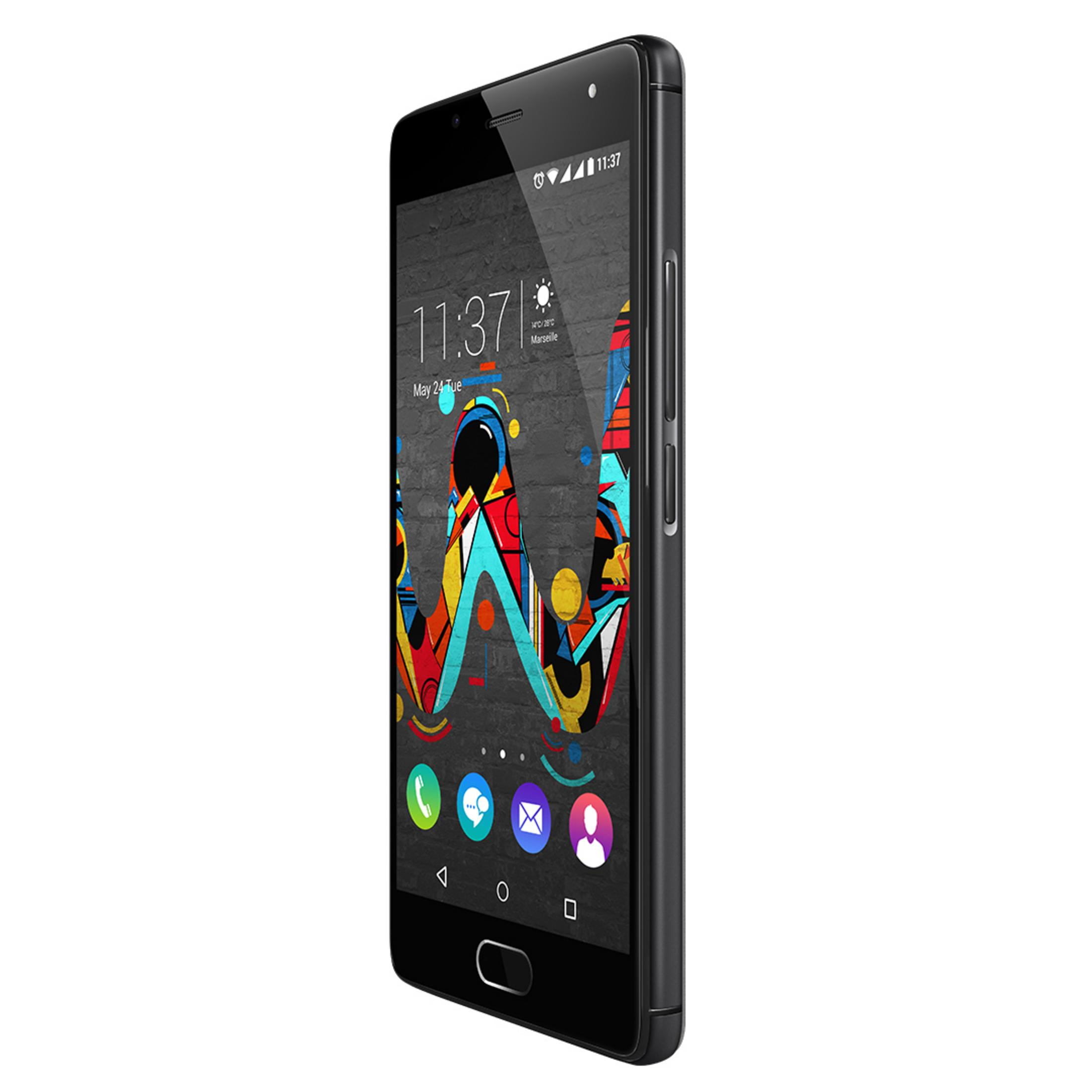 Smartphone nero con logo W in stile graffiti sullo schermo, visto di lato.