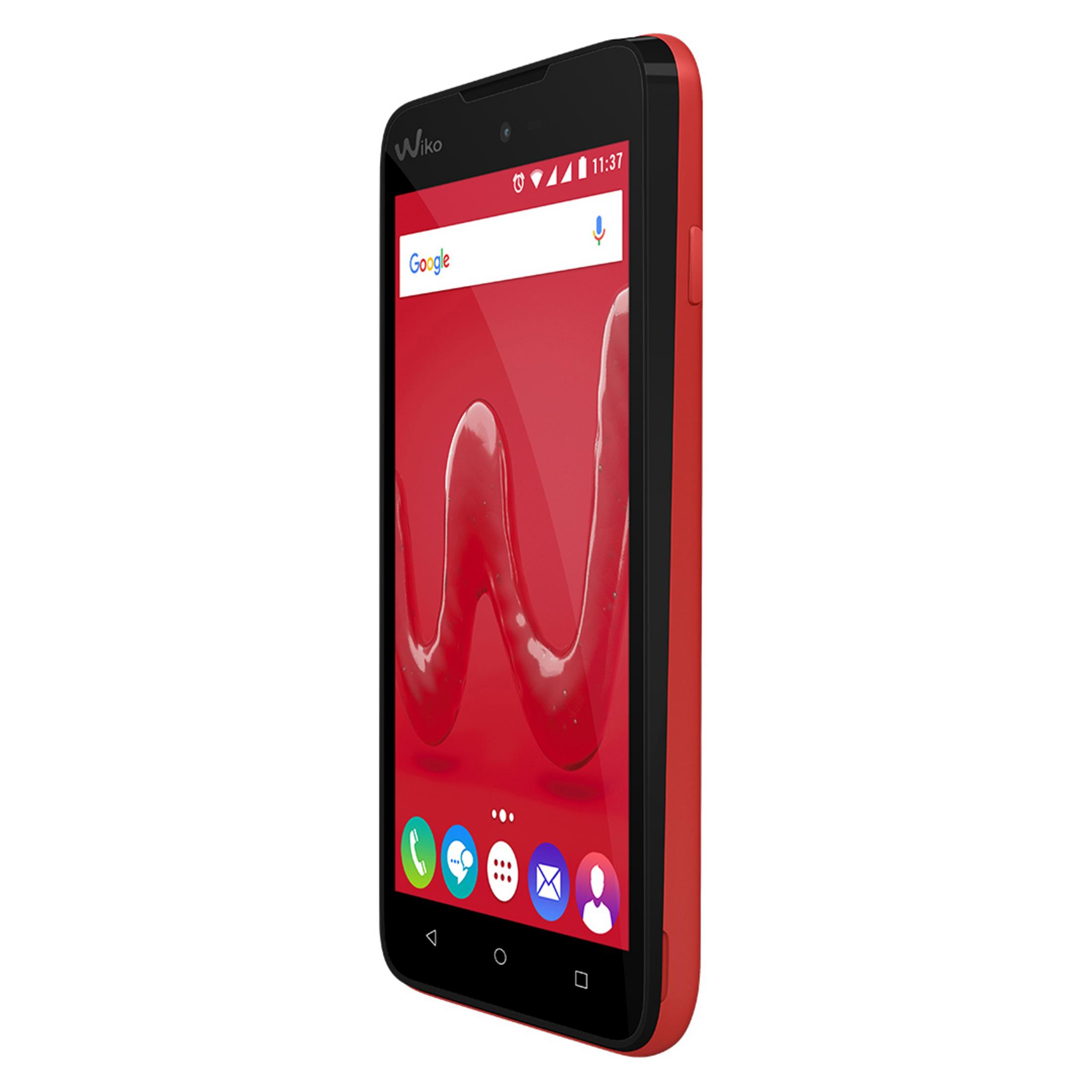 Rotes und schwarzes Wiko-Telefon. Der Bildschirm zeigt Google-Suchleiste und rotes W-Logo.