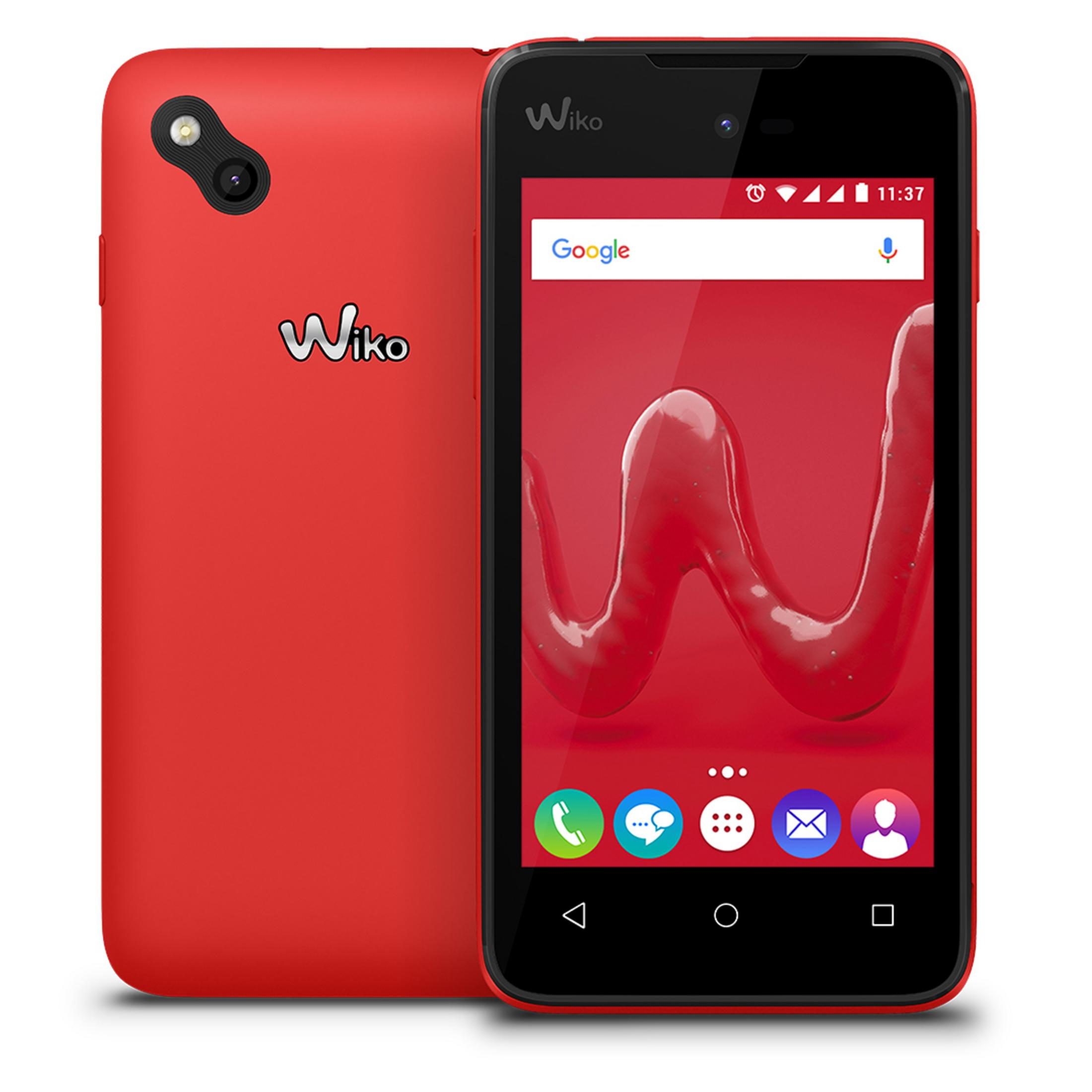 Rotes Wiko-Telefon vorne und hinten. Vorne hat Google-Suchleiste und rotes W-Logo auf dem Bildschirm.