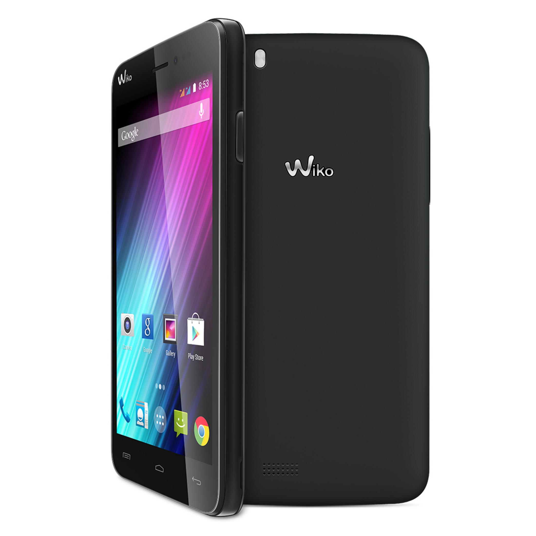 Schwarzes Wiko-Telefon mit farbenfrohem Bildschirm und Google-Suchleiste. Die Rückseite des Telefons ist ebenfalls sichtbar.