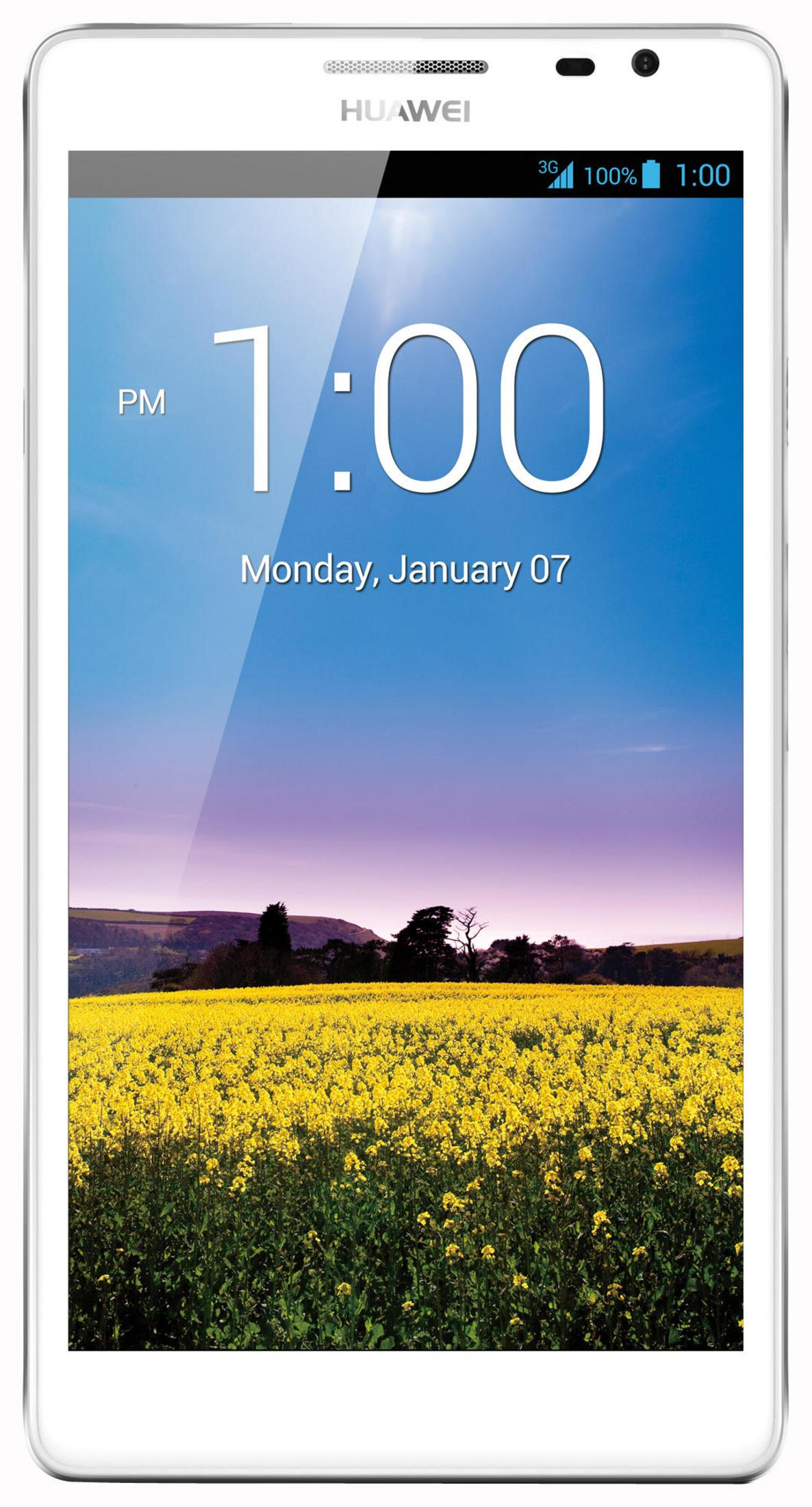 Weißes Telefon zeigt Uhrzeit, Wetter und ein Feld gelber Blumen unter blauem Himmel.