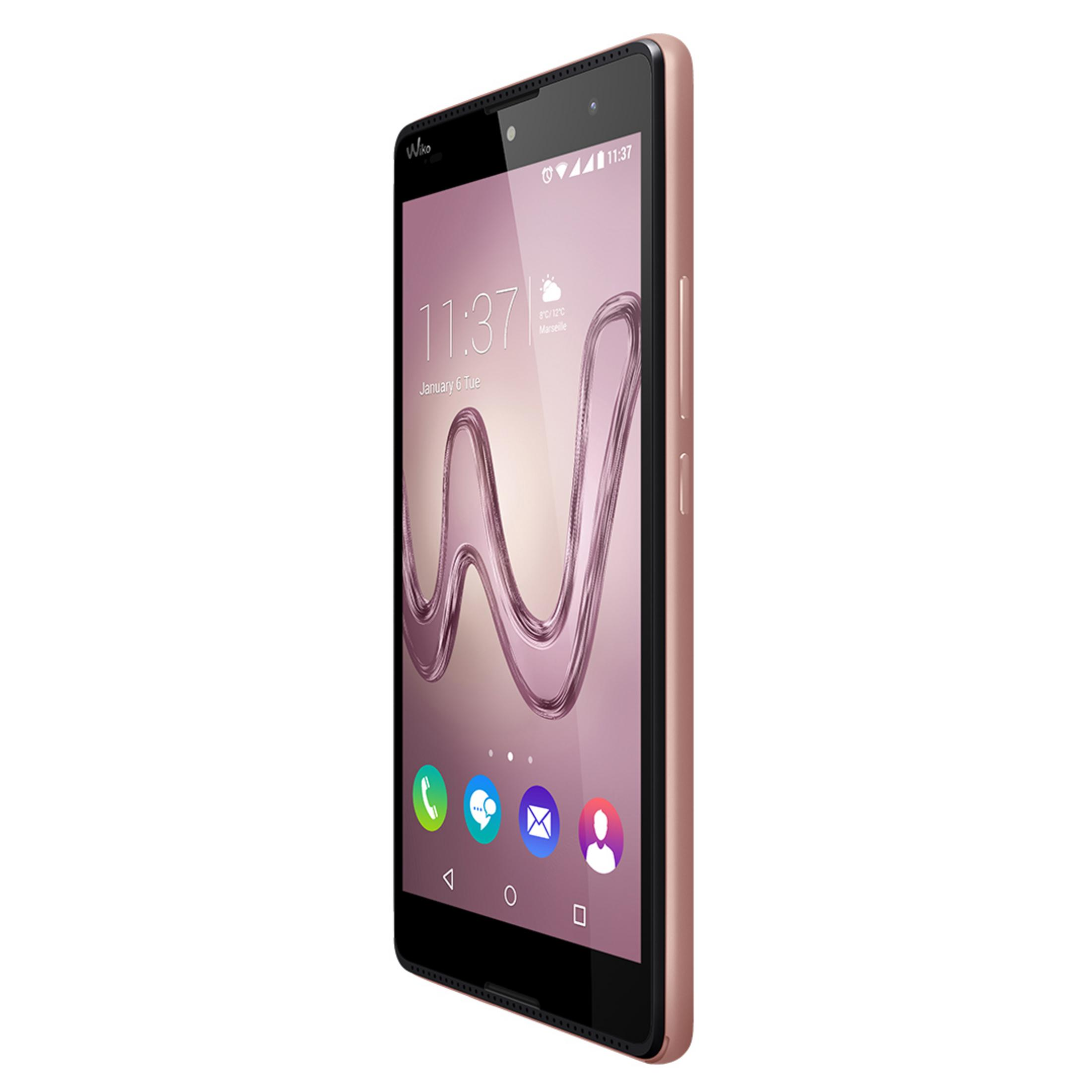 Telefono rosa che mostra ora, icone e sfondo a onde.