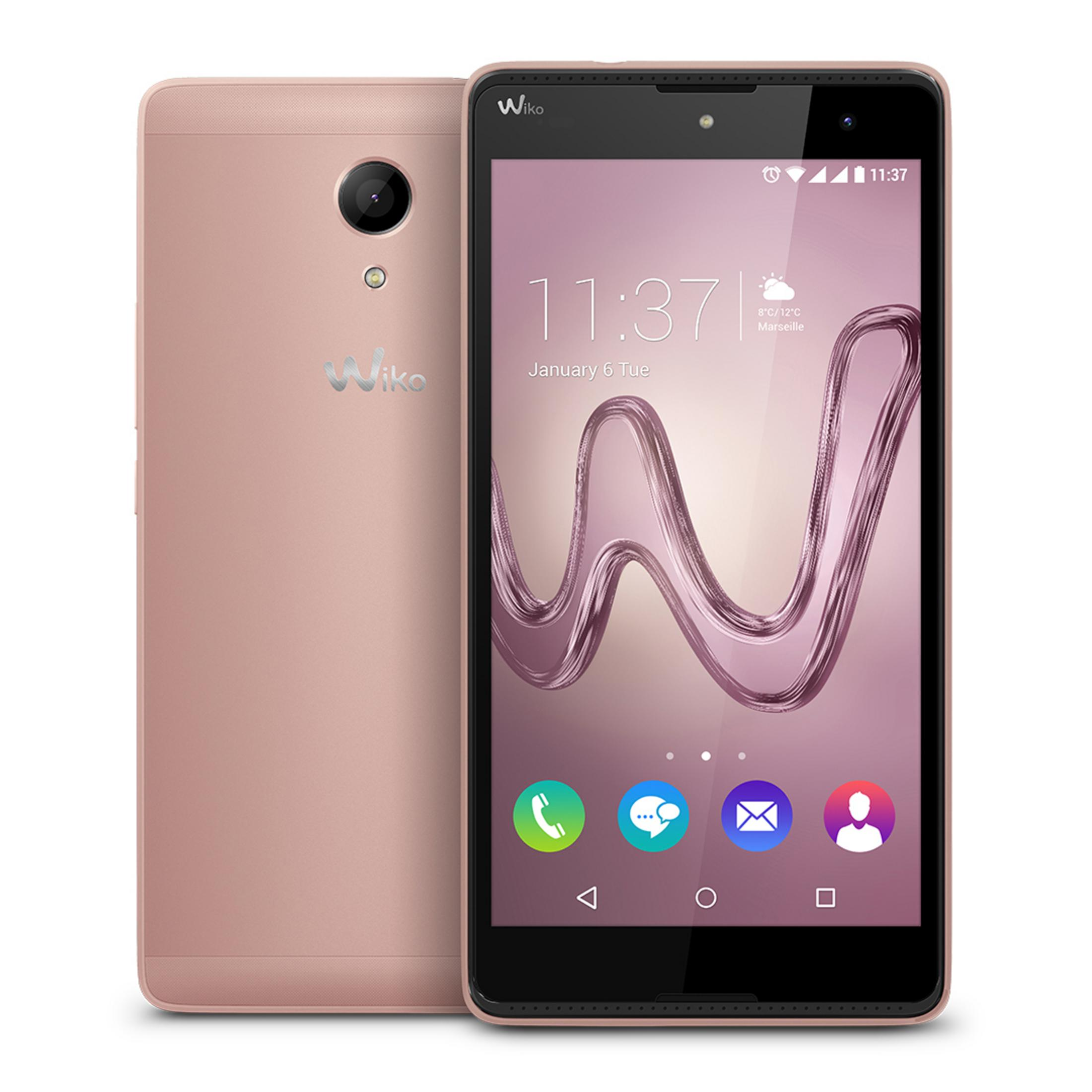Telefono rosa con schermo che mostra ora, icone e uno sfondo a motivi ondulati.