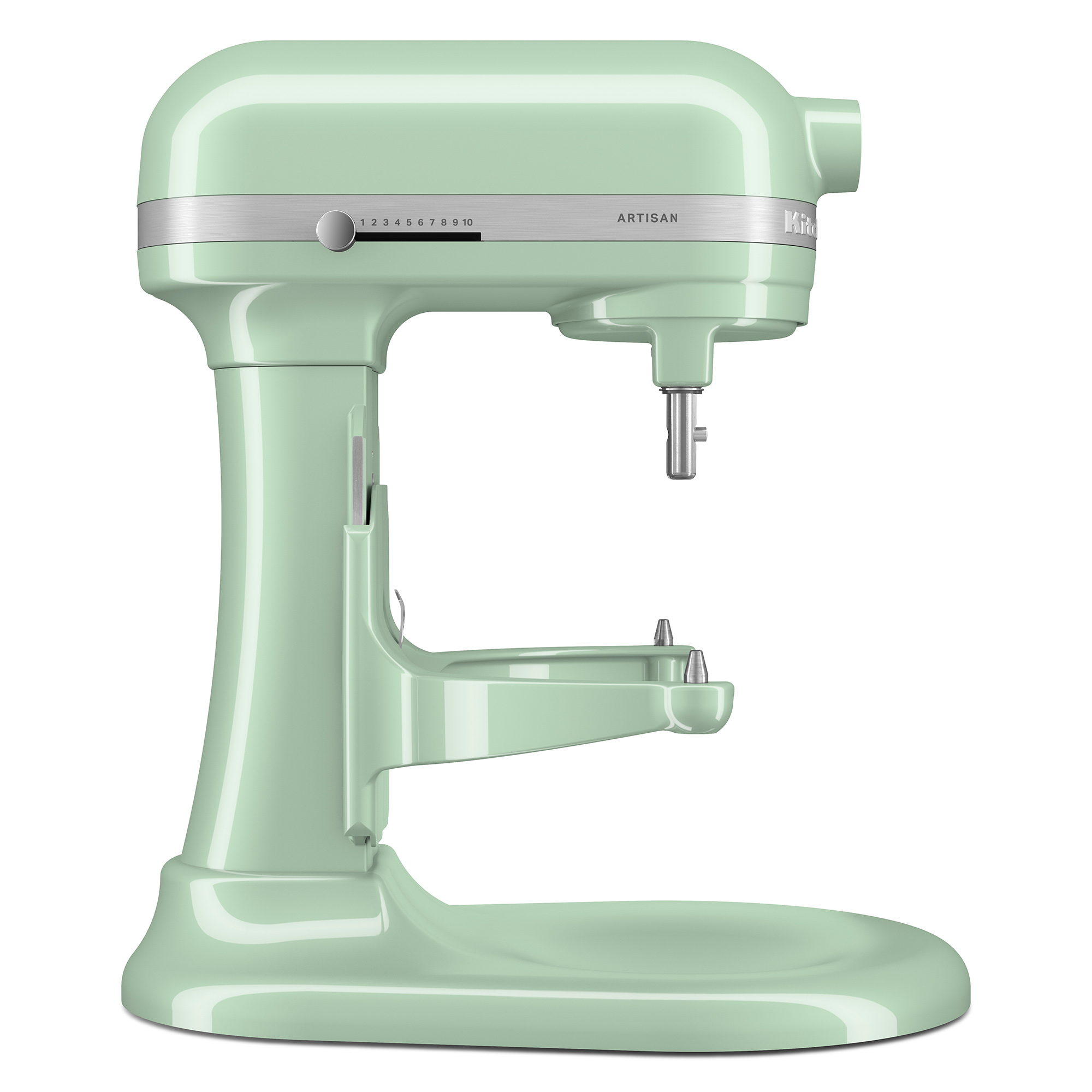 Frullatore KitchenAid verde menta. Vista laterale. Senza accessori. Comandi e base visibili. Sfondo bianco.