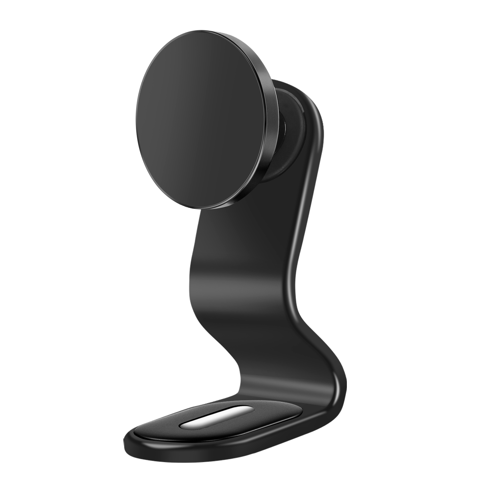 Supporto magnetico nero per telefono da auto. Ha un magnete rotondo ed è su sfondo bianco.