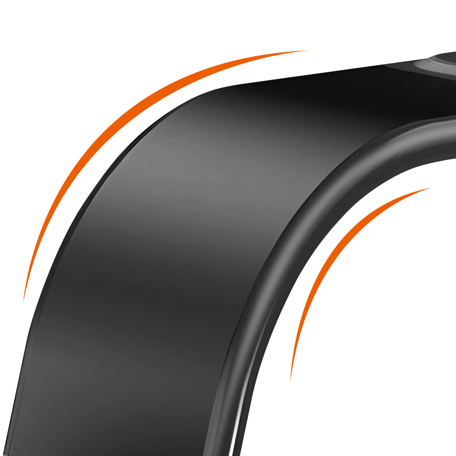 Primo piano di un oggetto in plastica nera con due linee curve arancioni.