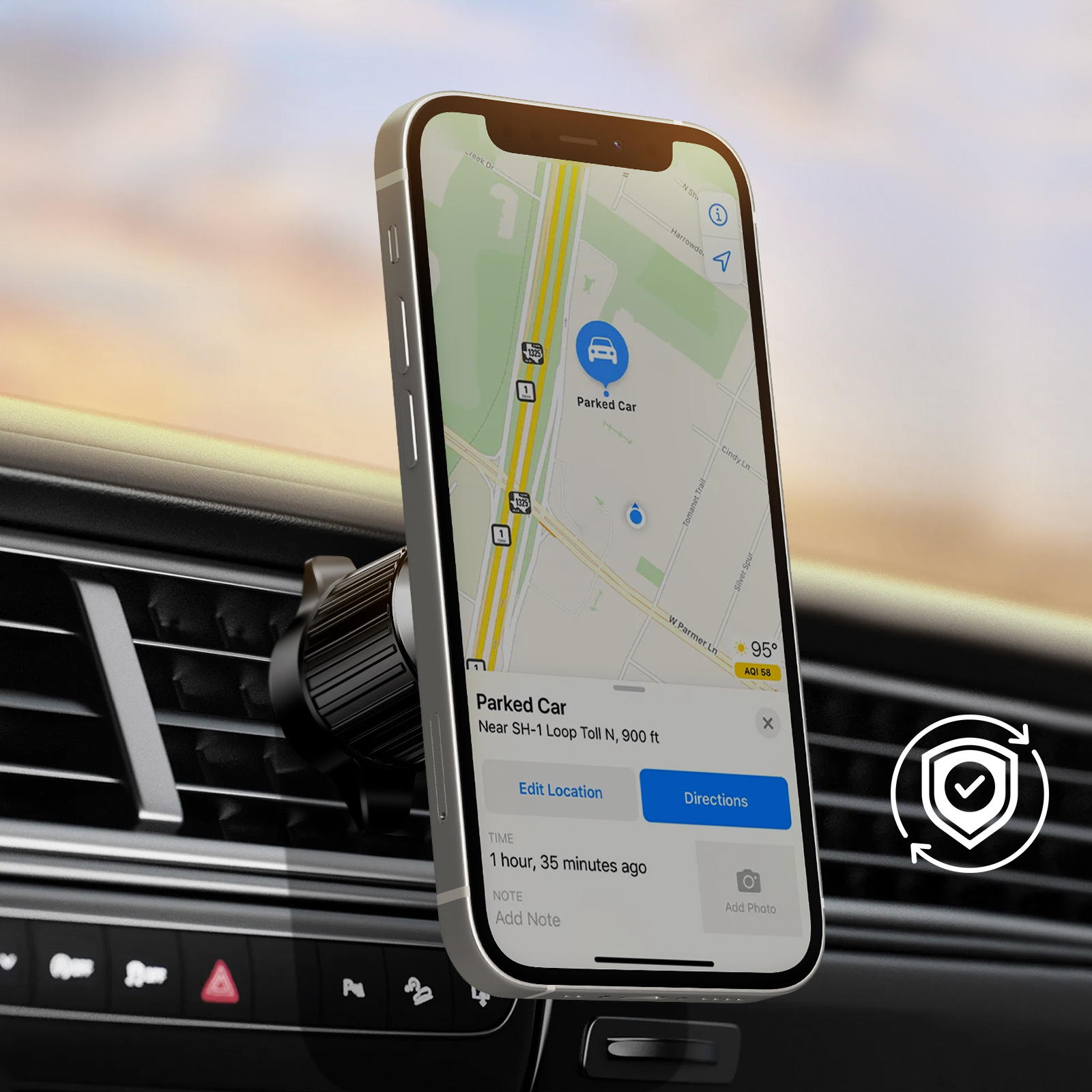 Un telefono con un'app di mappe, montato in un'auto.