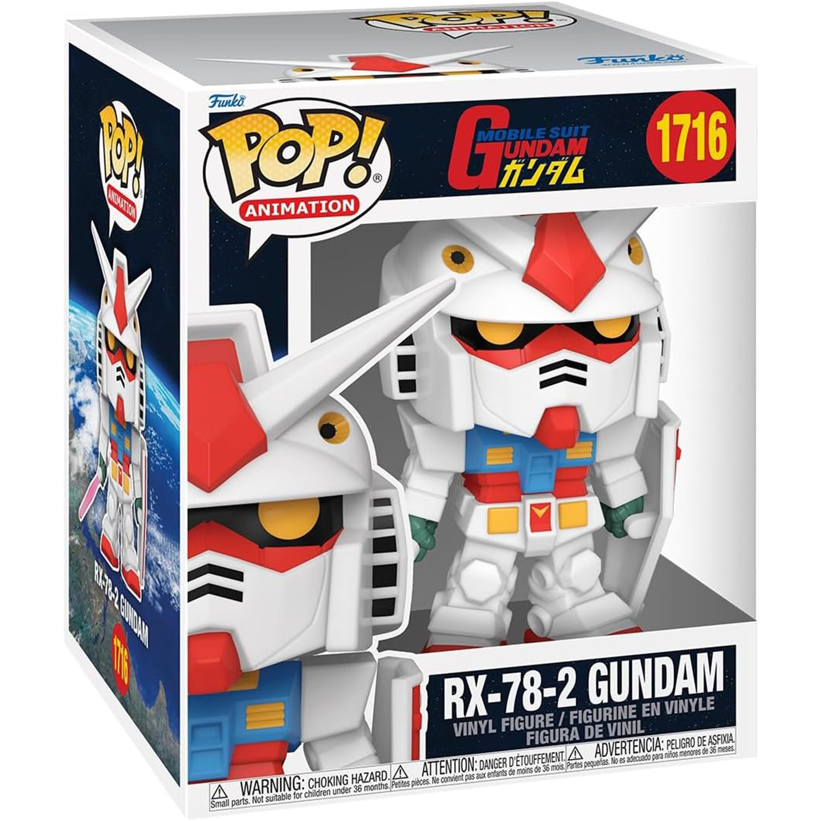 Pudełko Funko Pop z figurką Gundam. Figurka jest biała, czerwona, niebieska, z napisem 'RX-78-2 Gundam'.