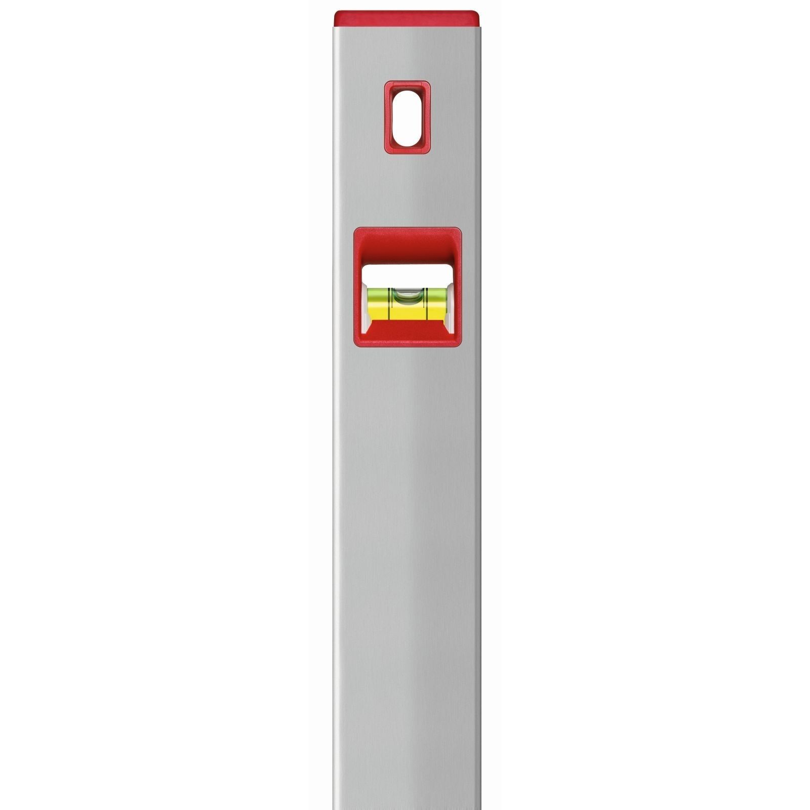 Eine silberne Wasserwaage mit roter Ober- und Unterseite. Sie hat eine Blase in der Mitte zum Nivellieren.