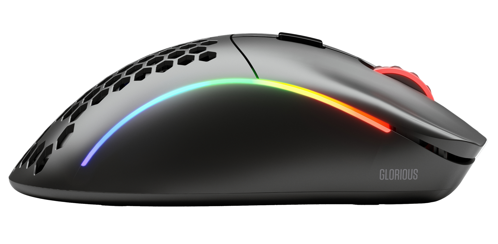 Czarna mysz gamingowa ze światłami RGB, wzorem plastra miodu i słowem 'Glorious'.