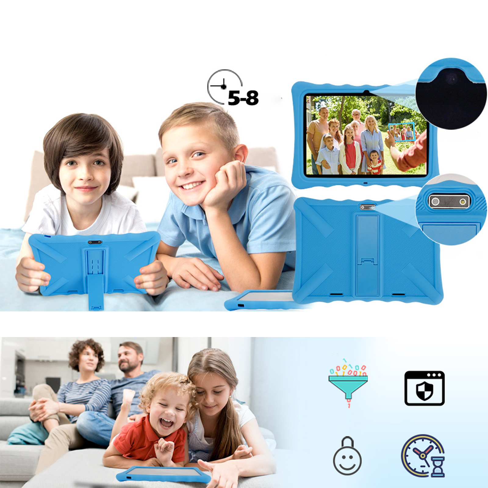 Zwei Jungen mit blauem Tablet, Familienfoto und Icons.