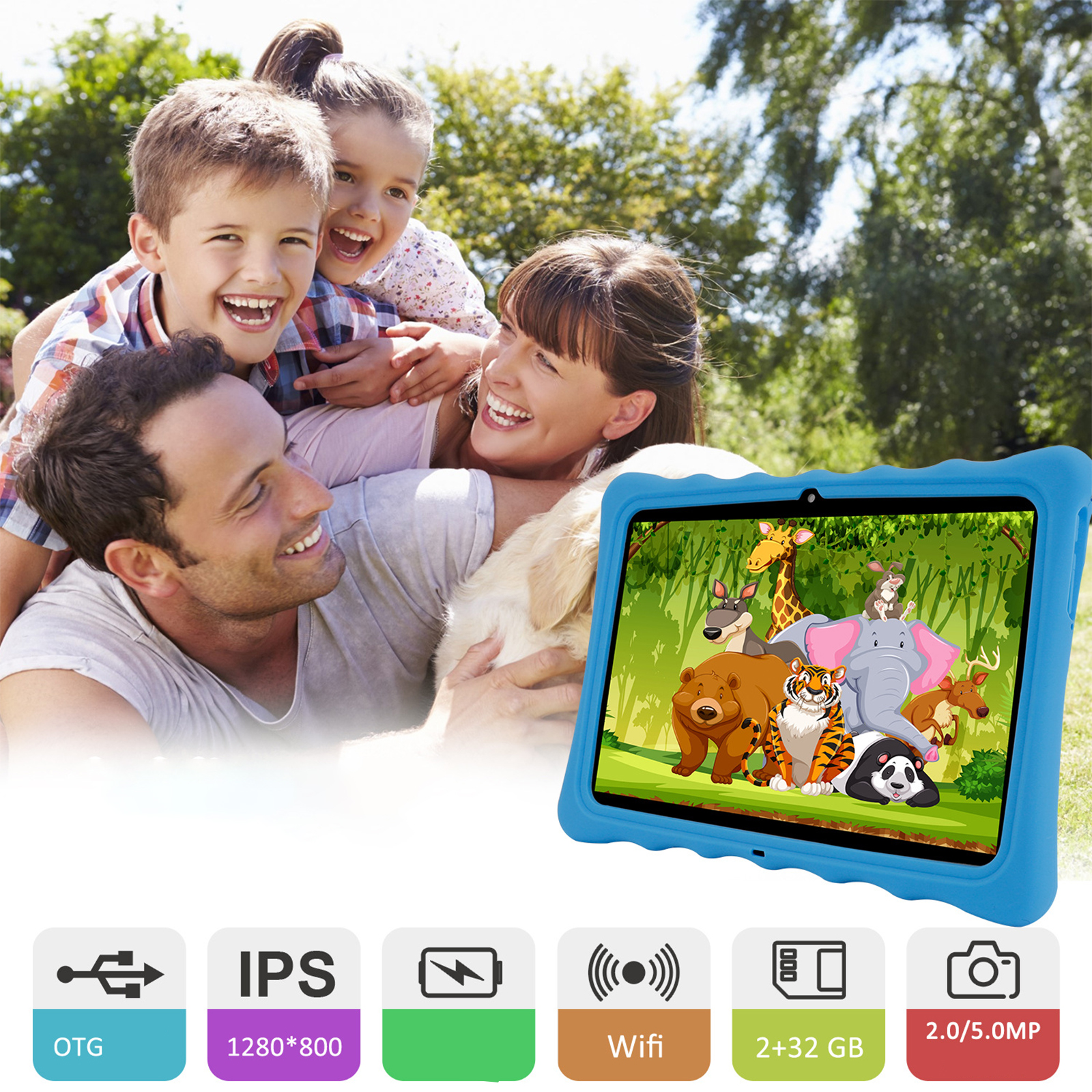 Glückliche Familie mit Tablet, lächelnd, und Icons darunter.