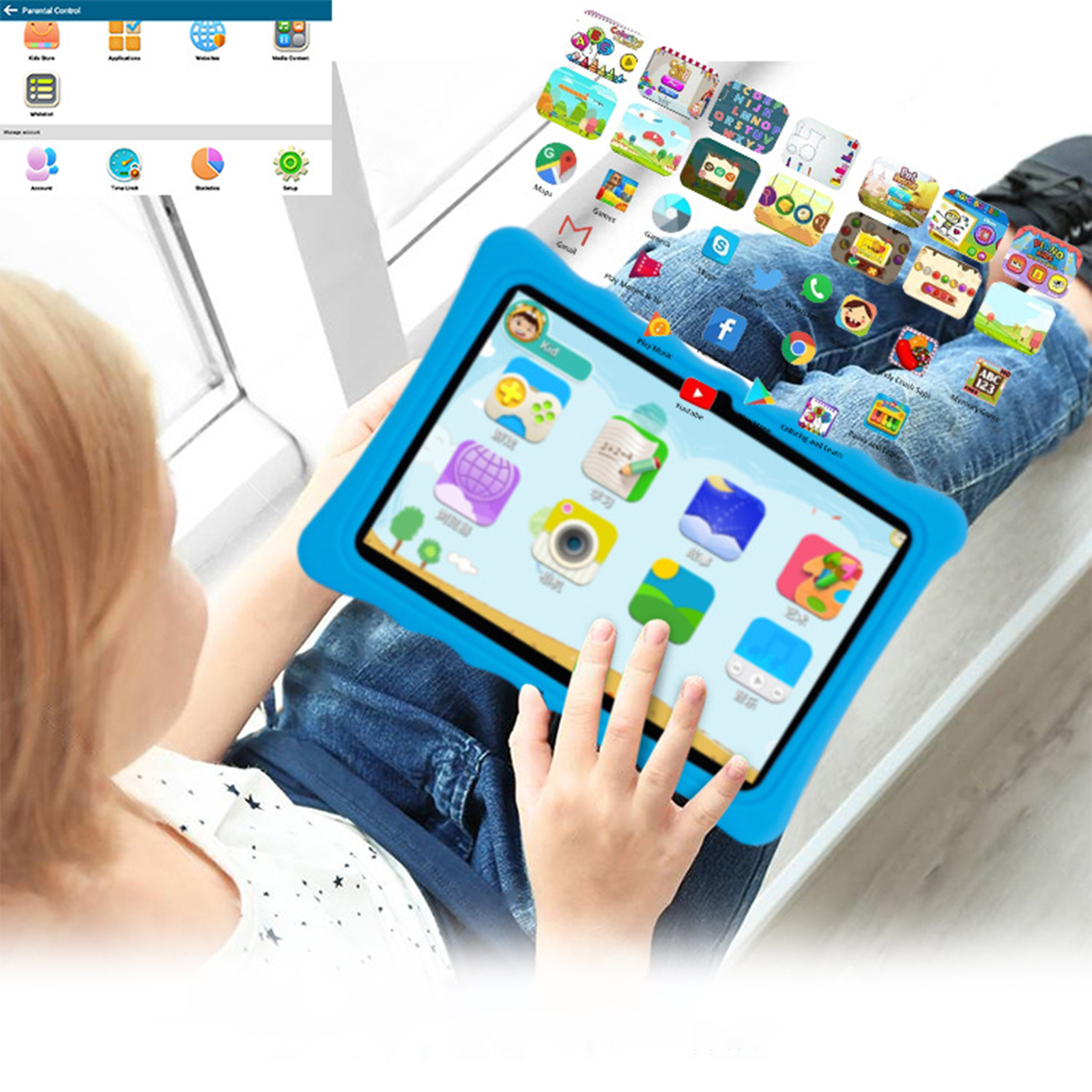 Kind benutzt blaues Tablet mit bunten Apps und Kindersicherung.