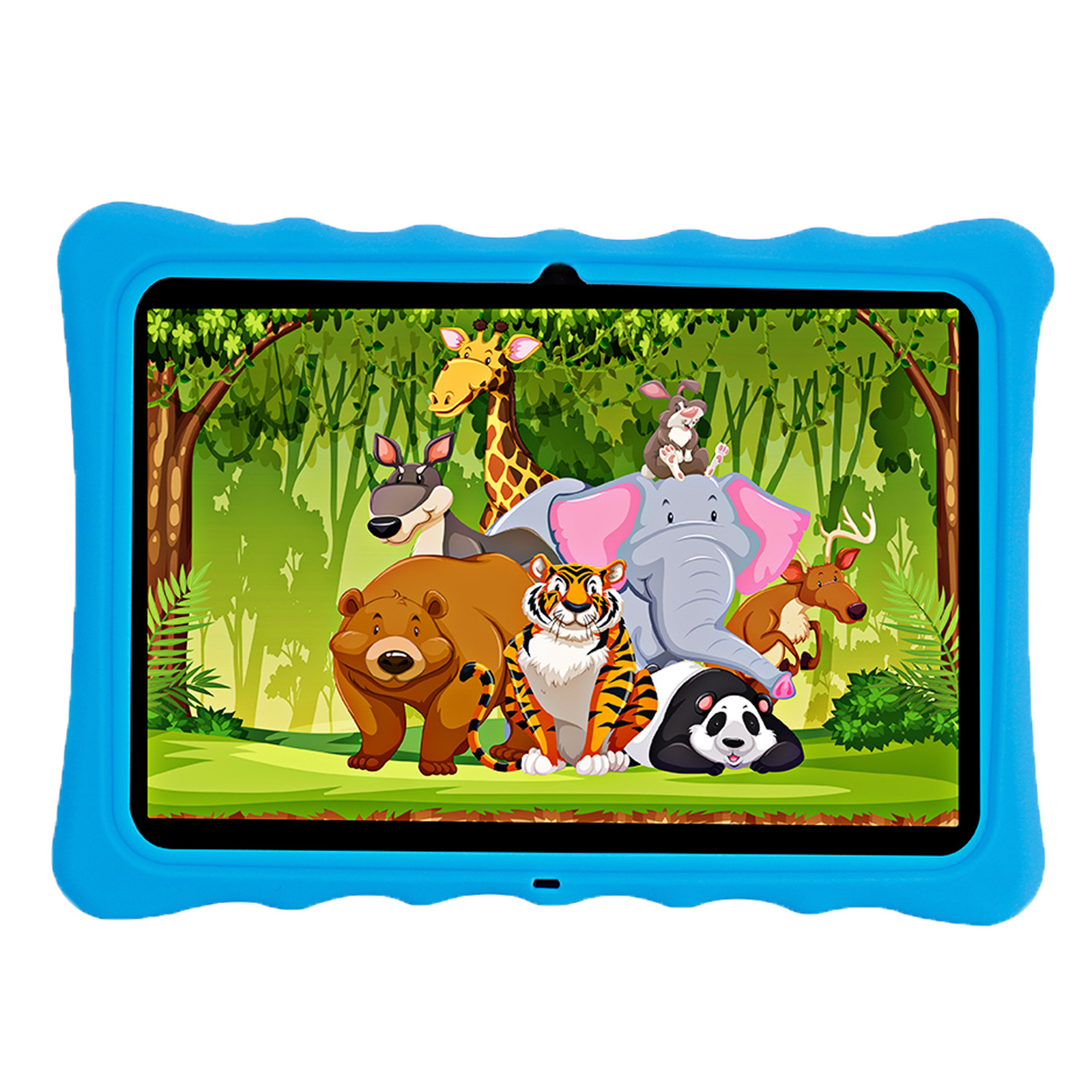 Blaues Tablet zeigt eine Zeichentrick-Dschungelszene mit verschiedenen Tierfiguren.