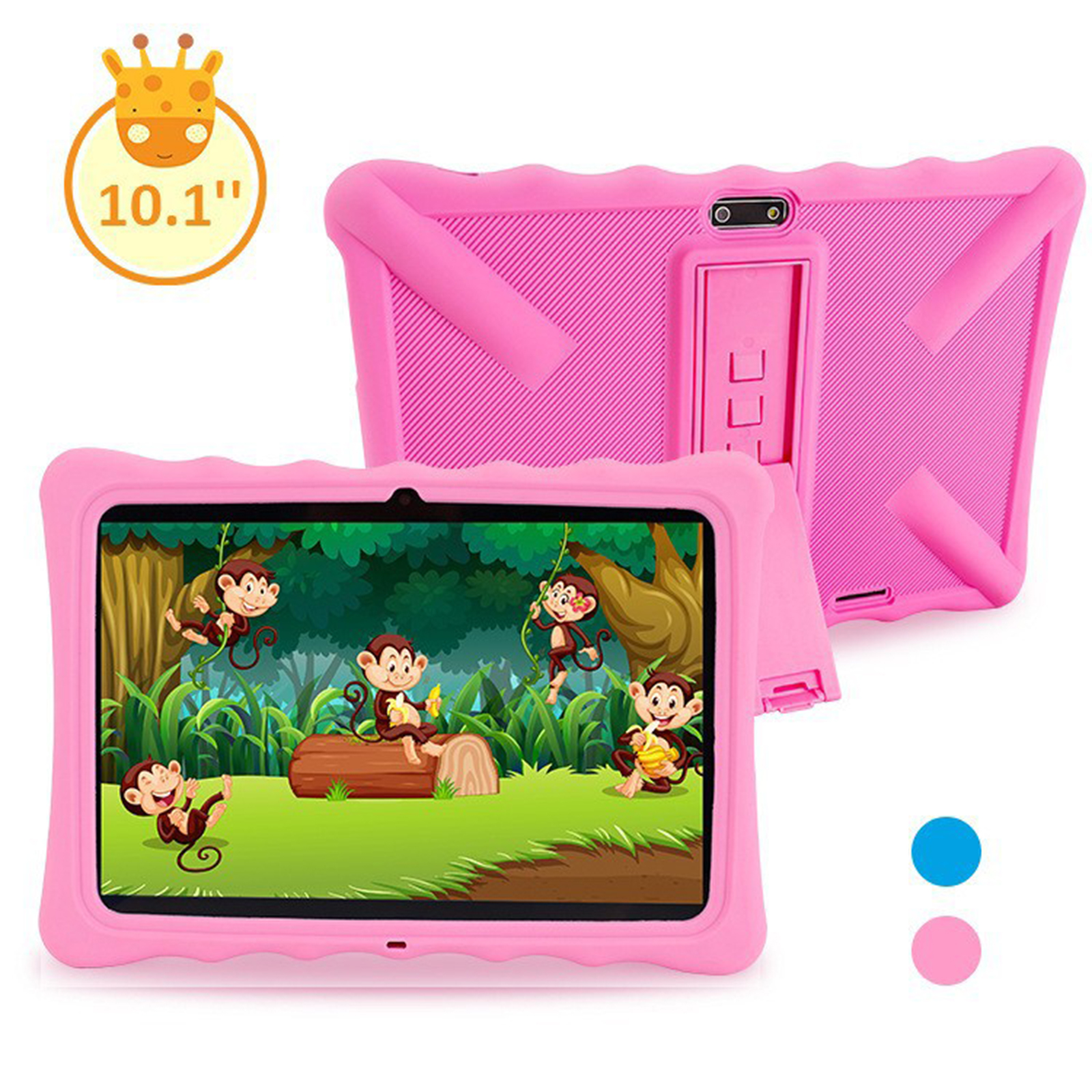 Rosa Tablet mit Affen auf dem Bildschirm, rosa Hülle und Ständer.