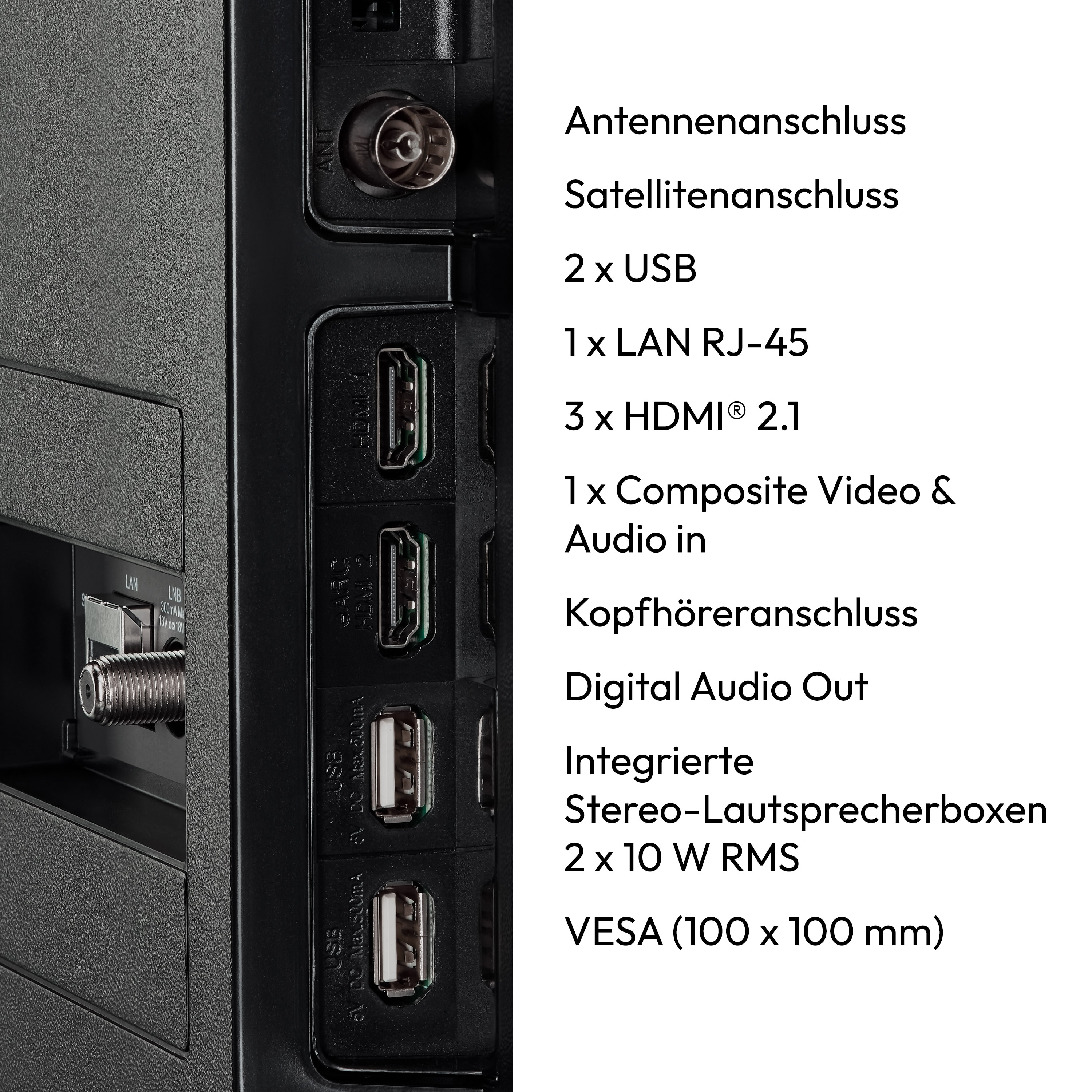 Close-up van tv-poorten: antenne, satelliet, USB, LAN, HDMI, composietvideo, audio, koptelefoon, digitale audio.