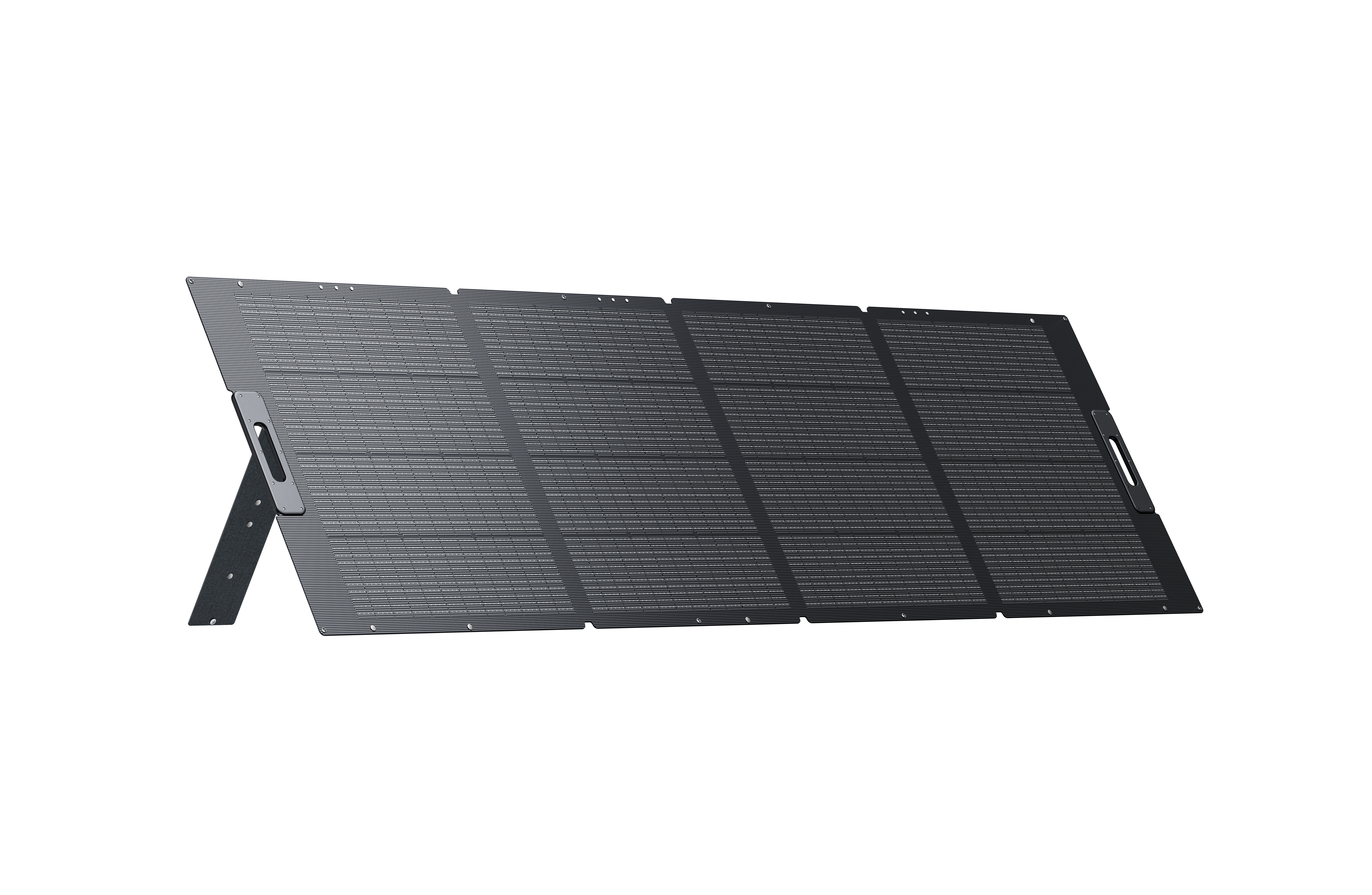 Składany panel słoneczny, szary z czarną podstawą. Panel na białym tle.