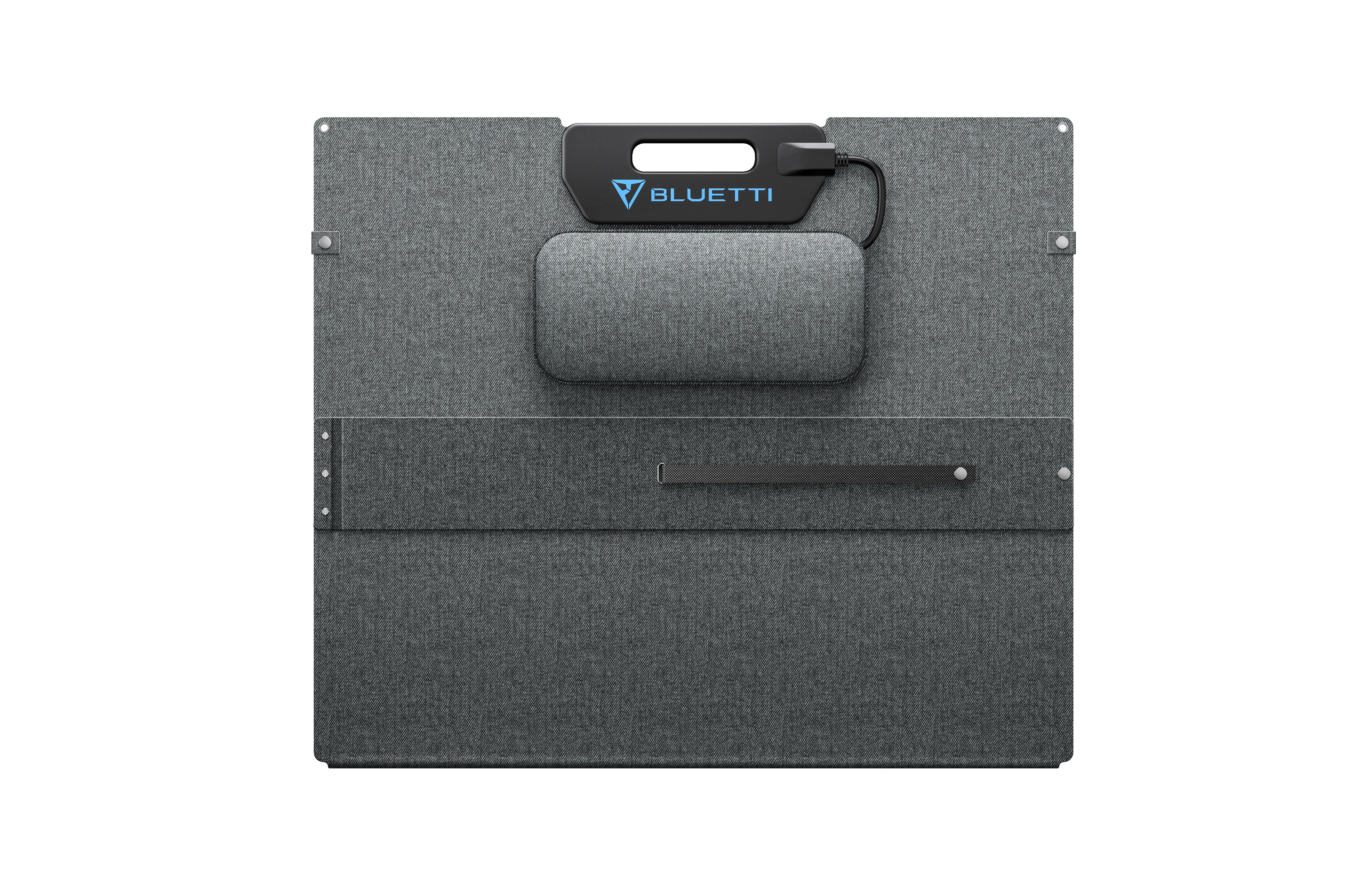 Szary panel słoneczny, złożony, z czarnym uchwytem i czarnym logo Bluetti.