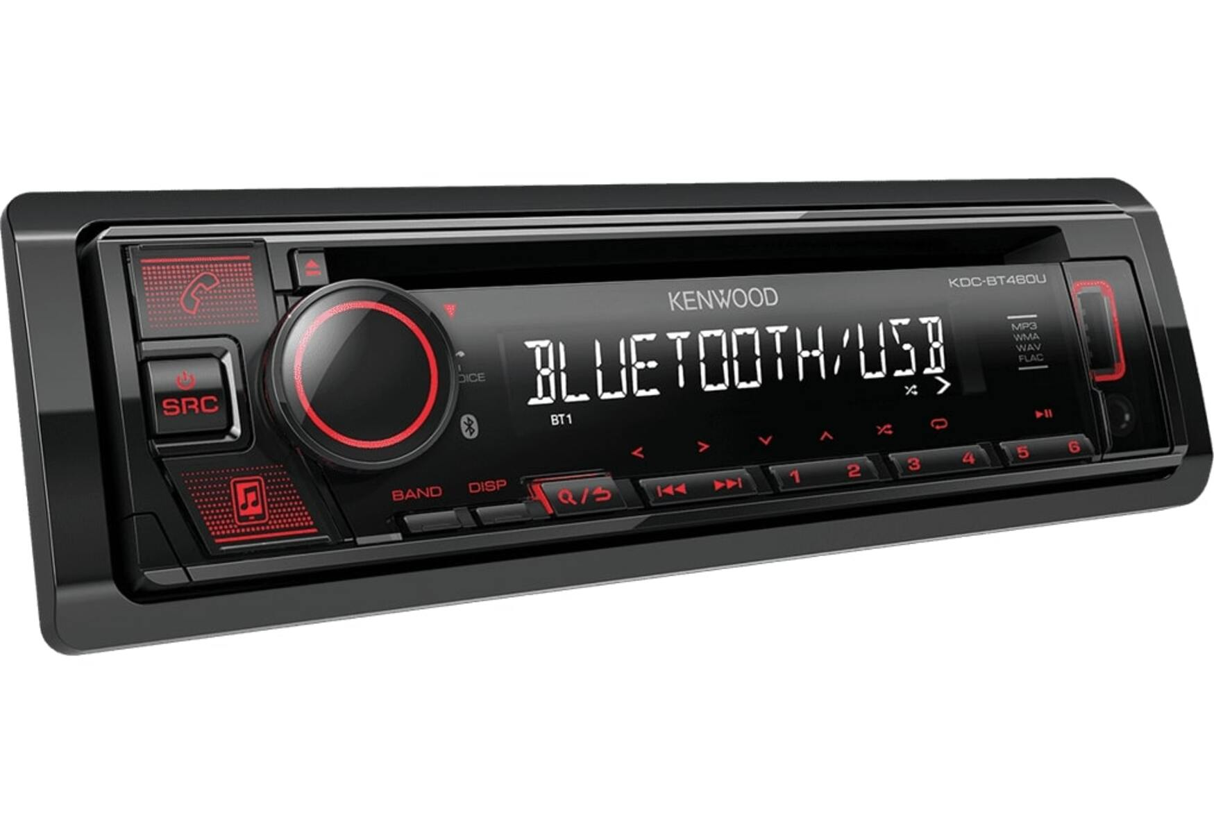 Un'autoradio Kenwood nera. Ha un pannello di controllo illuminato di rosso con un display che mostra 'Bluetooth/USB'.