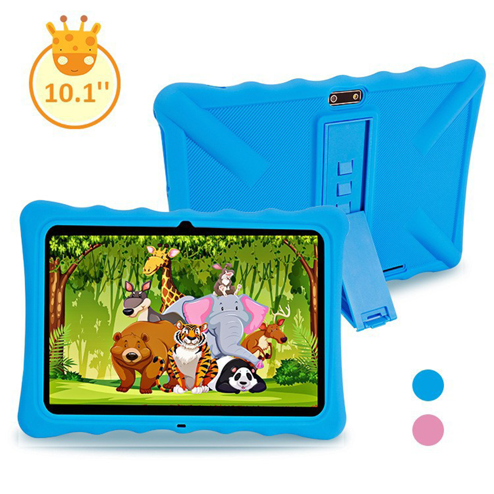 Blaues Tablet mit Hülle mit Zeichentricktieren und Ständer. Zwei Farbpunkte sind unten.