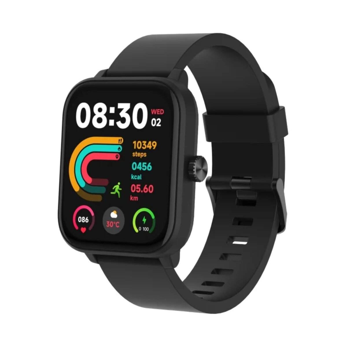 Schwarze Smartwatch zeigt Zeit, Schritte, Kalorien und km. Das Armband ist schwarz.