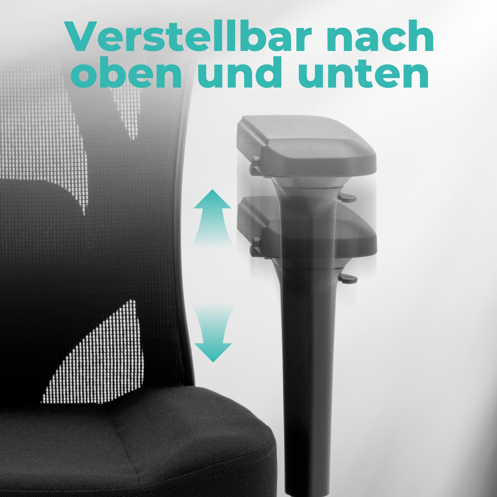 Ein Bürostuhl-Armlehne, mit Pfeil, der die Höhenverstellung nach oben und unten zeigt.