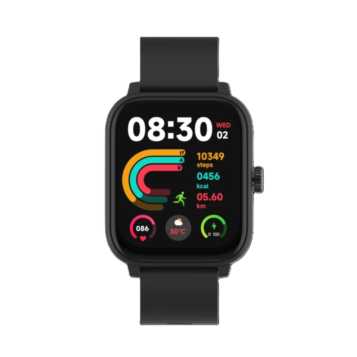 Schwarze Smartwatch zeigt Zeit, Schritte, Kalorien und Distanz, mit farbigem Aktivitätsring.