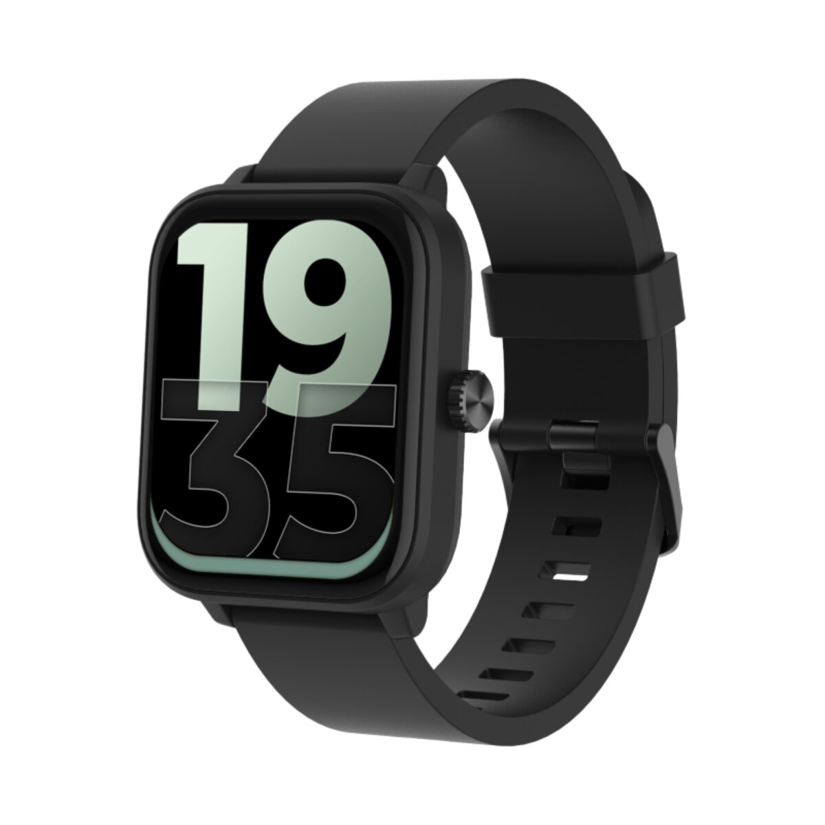 Eine schwarze Smartwatch mit der angezeigten Uhrzeit 19:35, auf weißem Hintergrund.