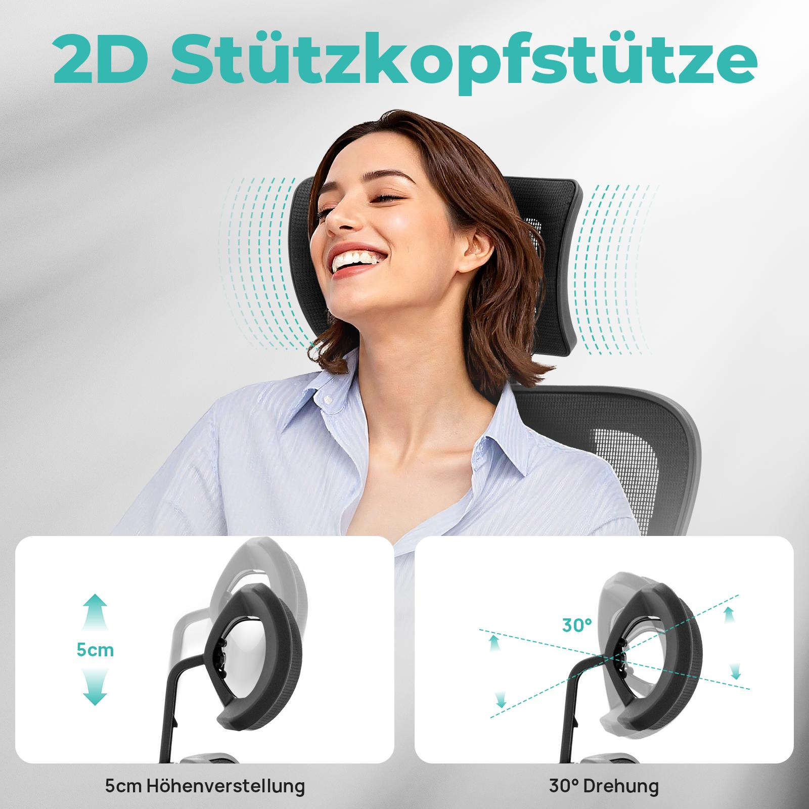 Eine Frau lächelt, während sie auf einem Stuhl mit verstellbarer Kopfstütze und Rückenlehne sitzt.