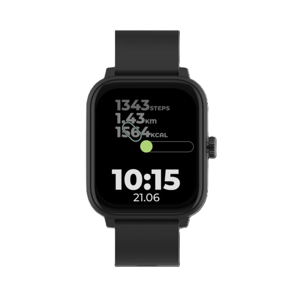 Schwarze Smartwatch zeigt Zeit, Schritte, Distanz und verbrannte Kalorien mit Fortschrittsbalken.