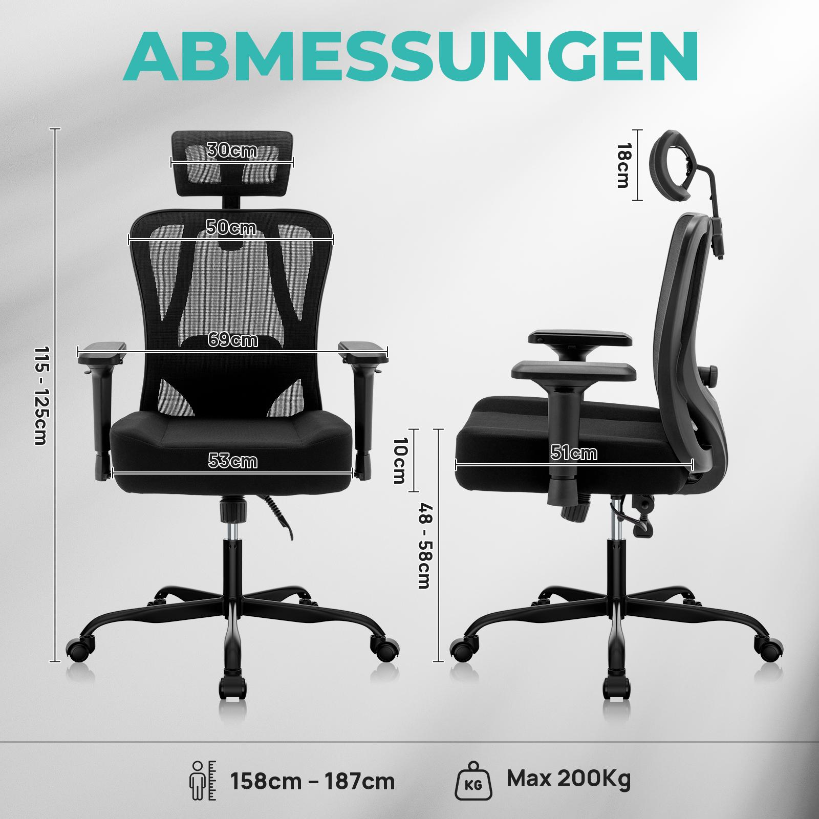 Schwarzer Bürostuhl mit Maßen in cm. Der Stuhl ist schwarz und hat eine Kopfstütze und Armlehnen.