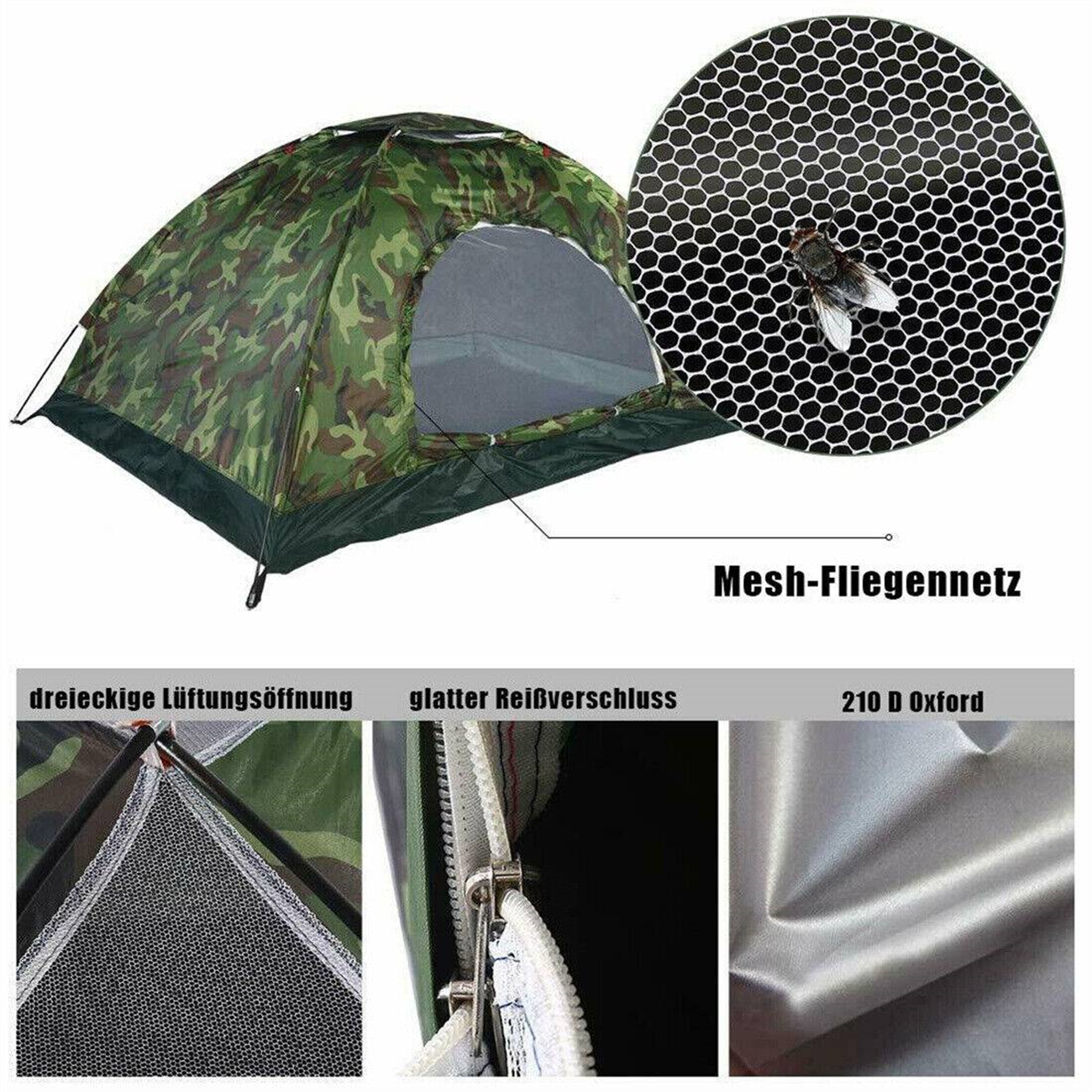 Tarnzelt mit Details, einschließlich eines Netzes und Reißverschluss. Weißer Hintergrund.