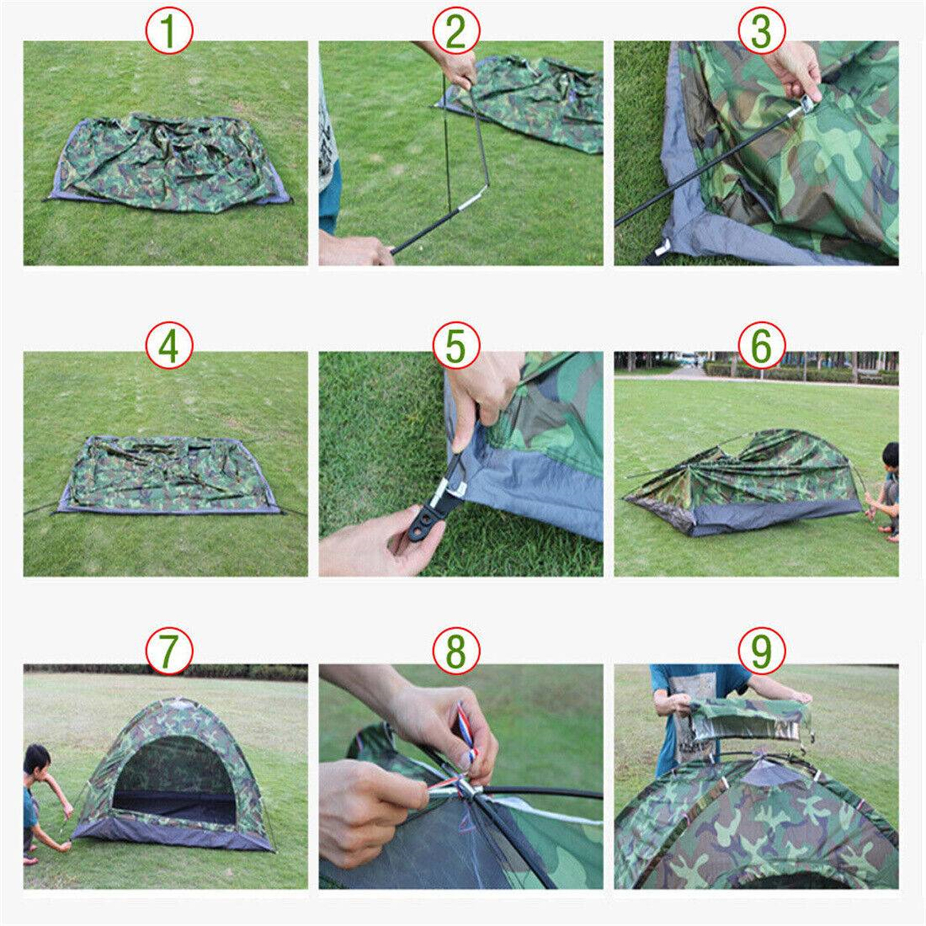 Schritt-für-Schritt-Anleitung zum Aufbau eines Camouflage-Zeltes auf einer Wiese. Neun Bilder.