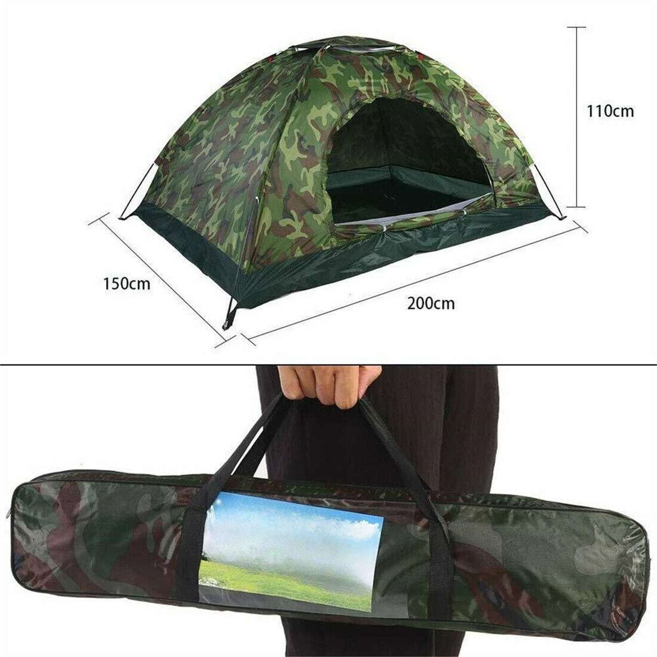 Ein grünes Camouflage-Zelt, Abmessungen gezeigt, und eine passende Tragetasche mit Bild.