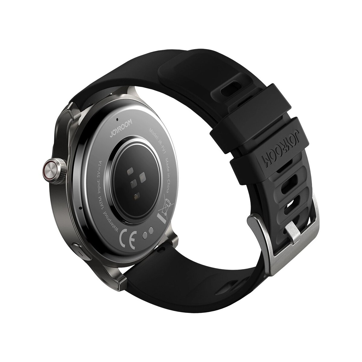 Widok z tyłu smartwatcha z czarnym paskiem. Zegarek ma markę JOYROOM. Białe tło.