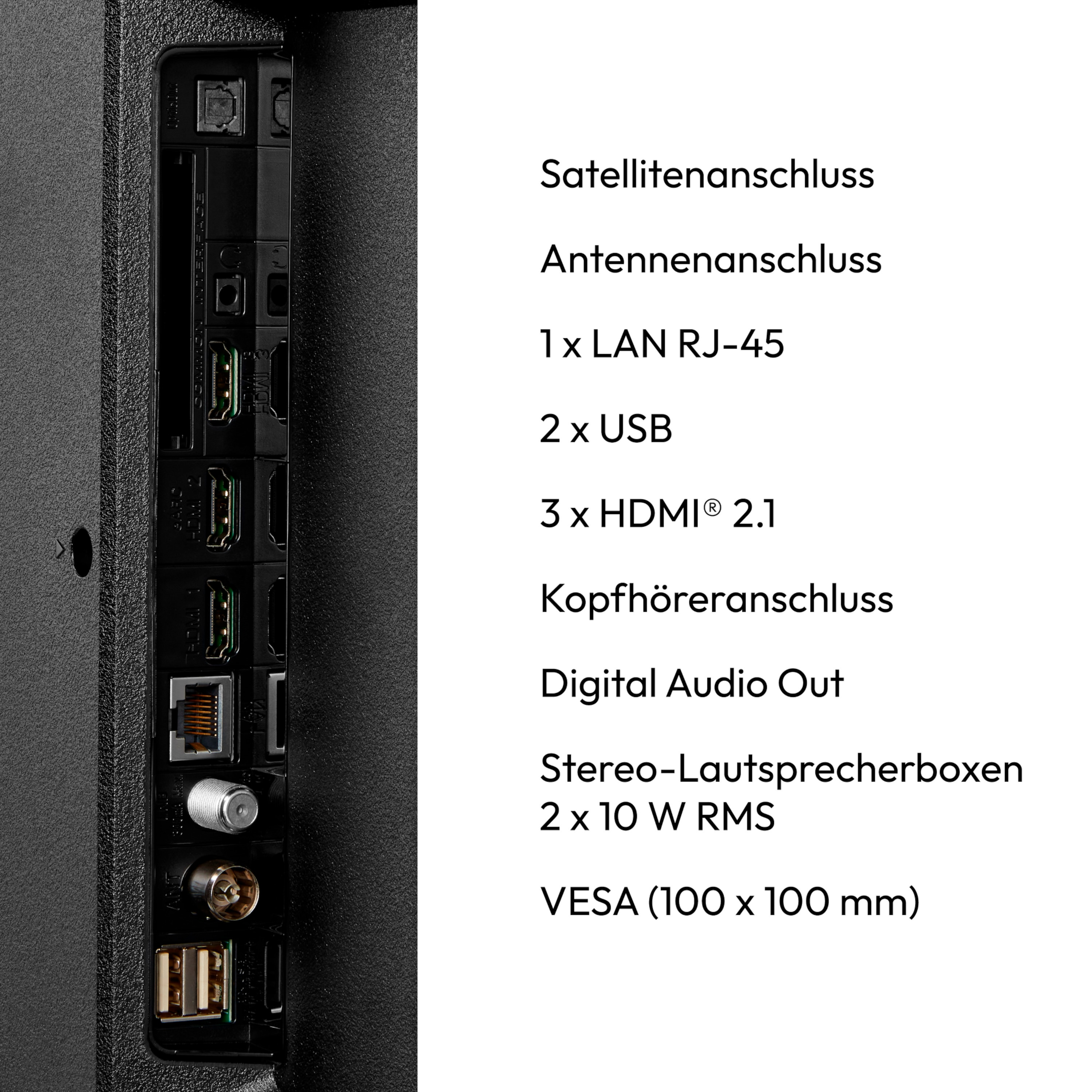 TV-Anschlussfeld. Enthält Satellit, Antenne, LAN, USB, HDMI, Kopfhöreranschluss und VESA.