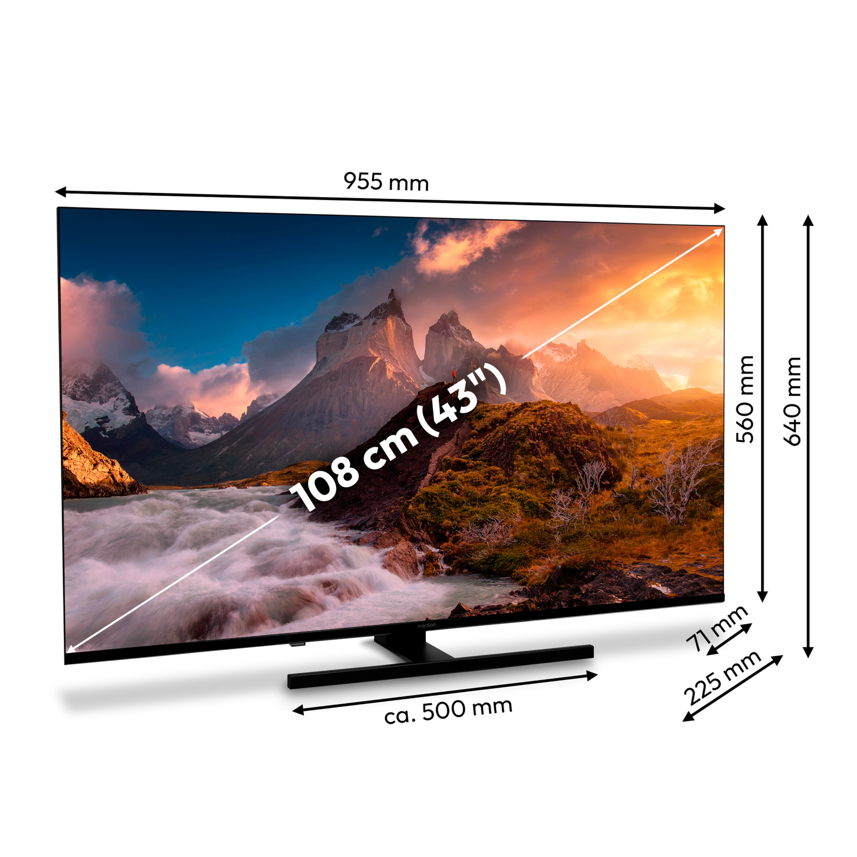 Ein 43-Zoll-Fernseher mit Landschaftsbild. Abmessungen zeigen Höhe, Breite und Diagonale.