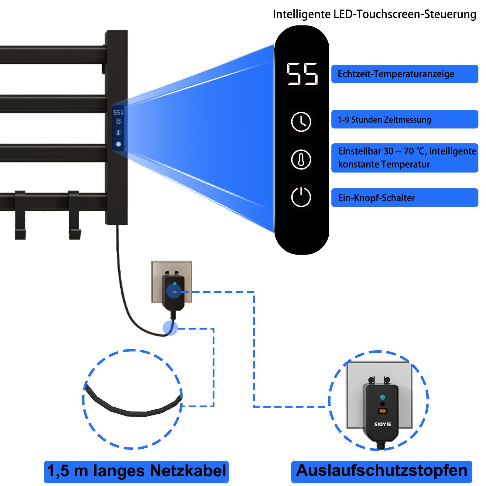 Beheizter Handtuchhalter mit Bedienfeld. Text: 'Intelligente LED-Touchscreen-Steuerung'.