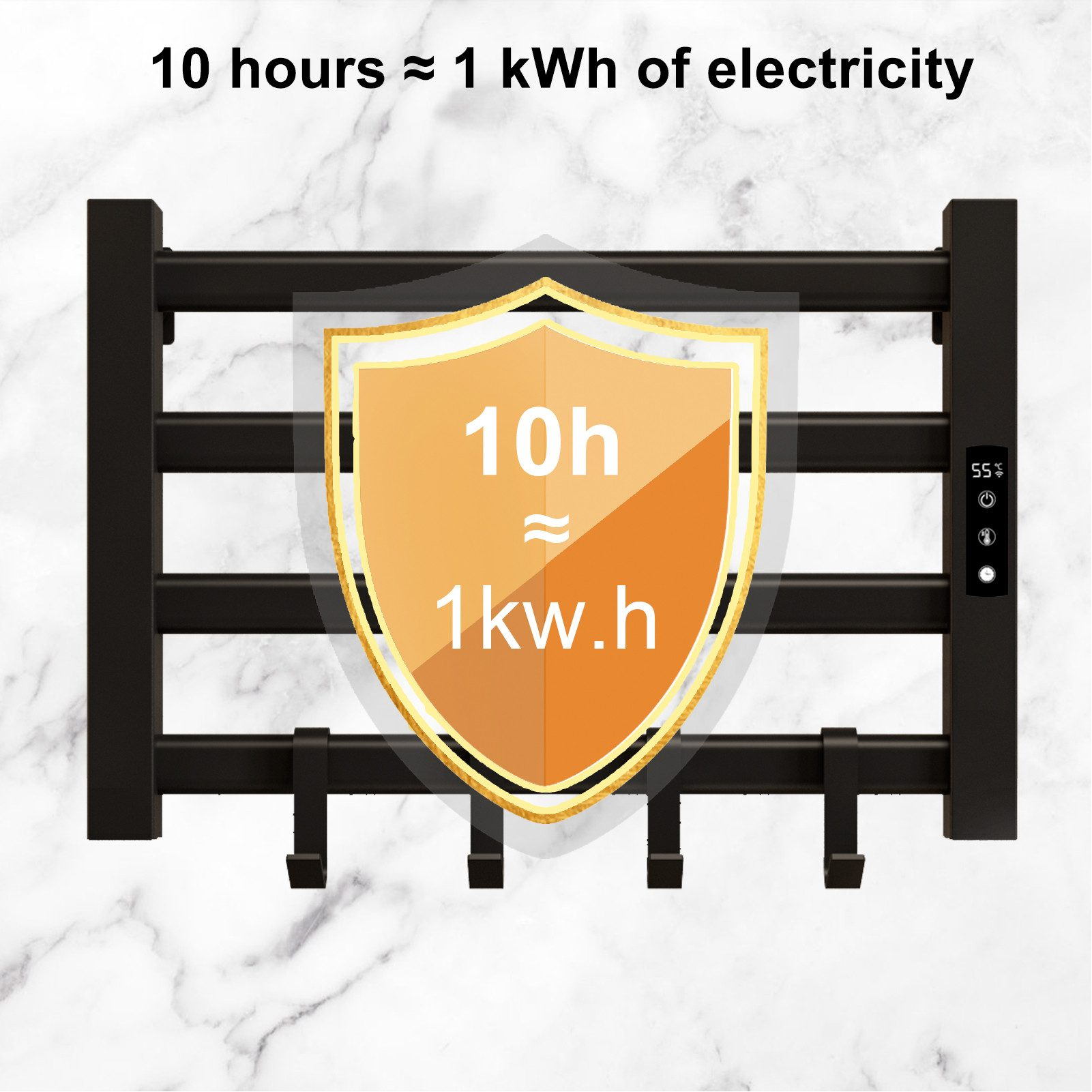 Schwarzer beheizter Handtuchhalter mit einem Schild, das den Energieverbrauch anzeigt.