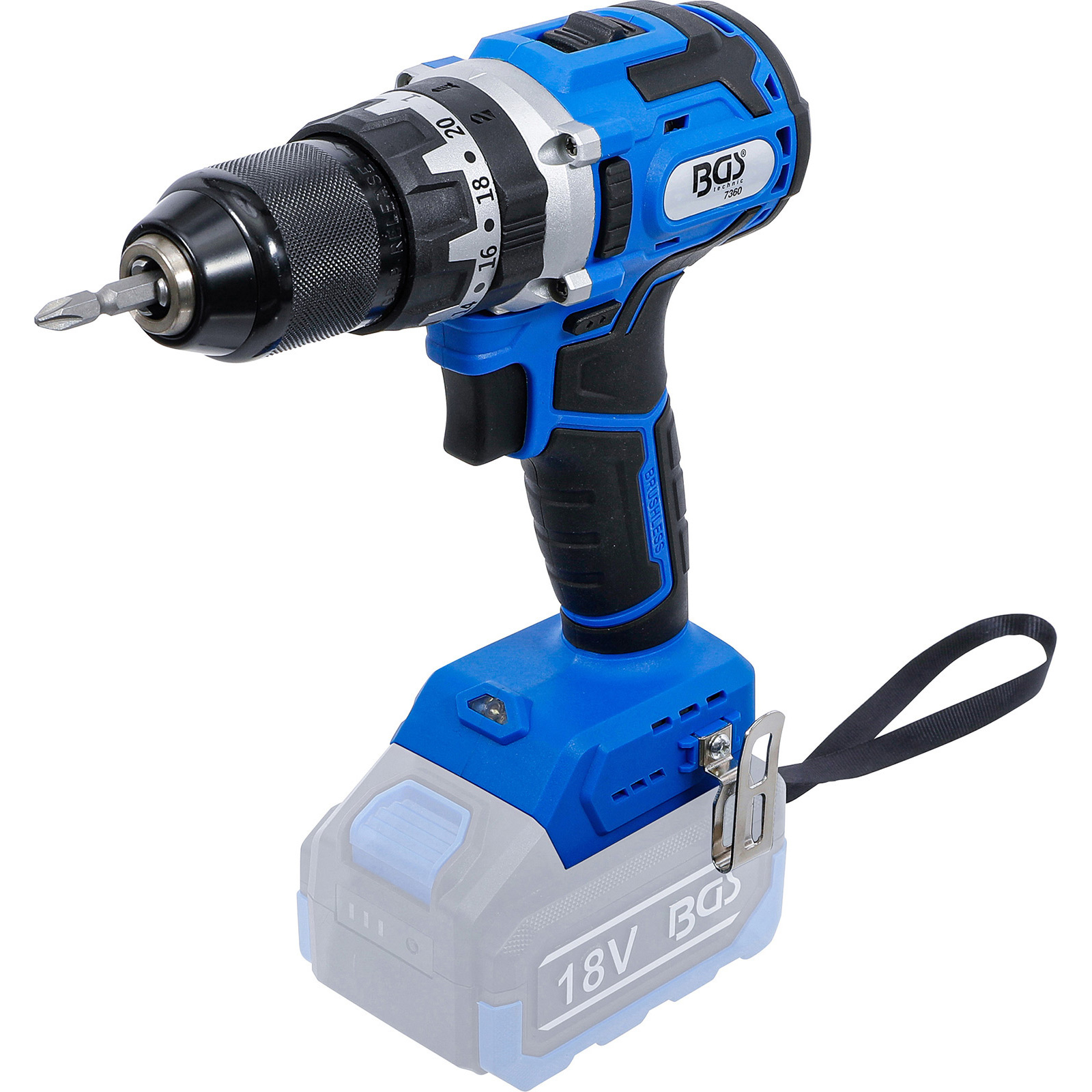 Un trapano avvitatore blu e nero senza fili con un pacco batteria argentato.