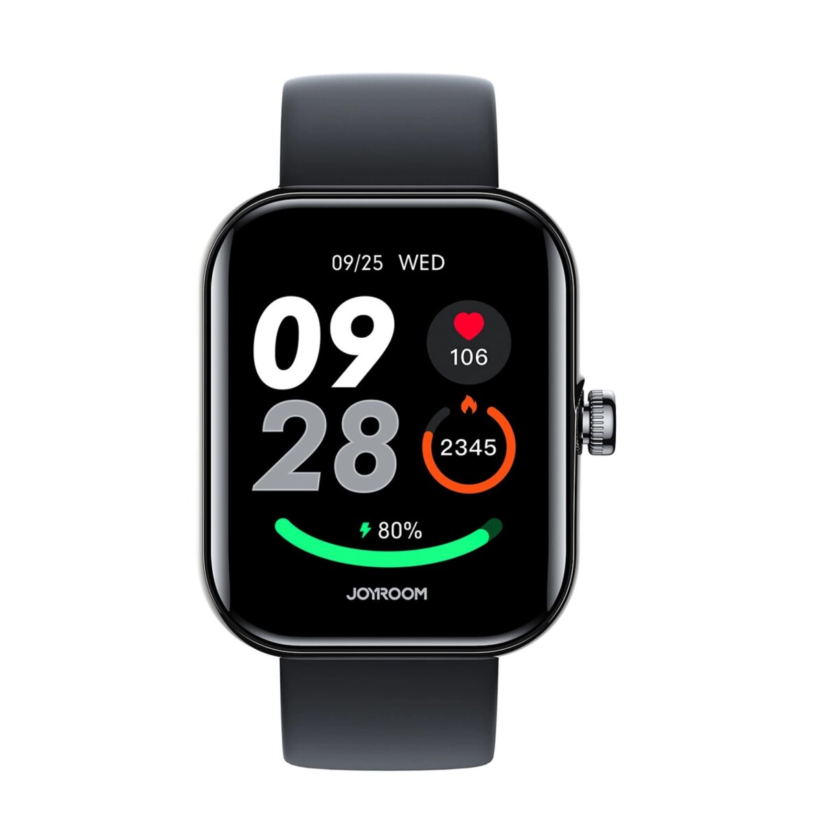 Czarny smartwatch wyświetlający godzinę, datę, tętno i kroki. Bateria na poziomie 80%.